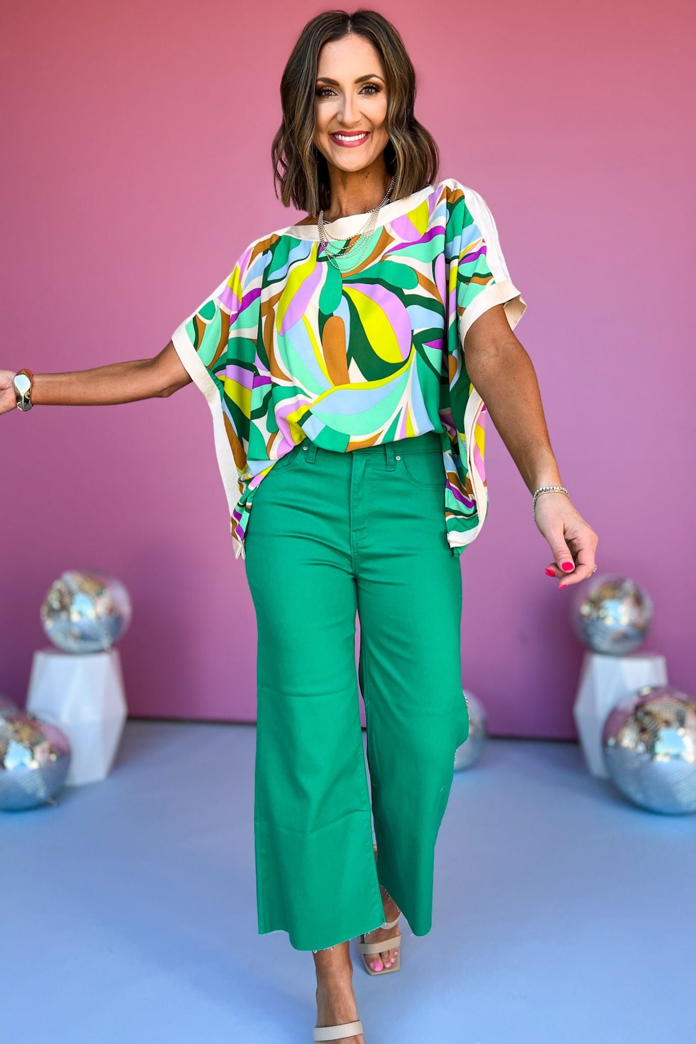 Green Multi Petal Banded Boat Neck Top