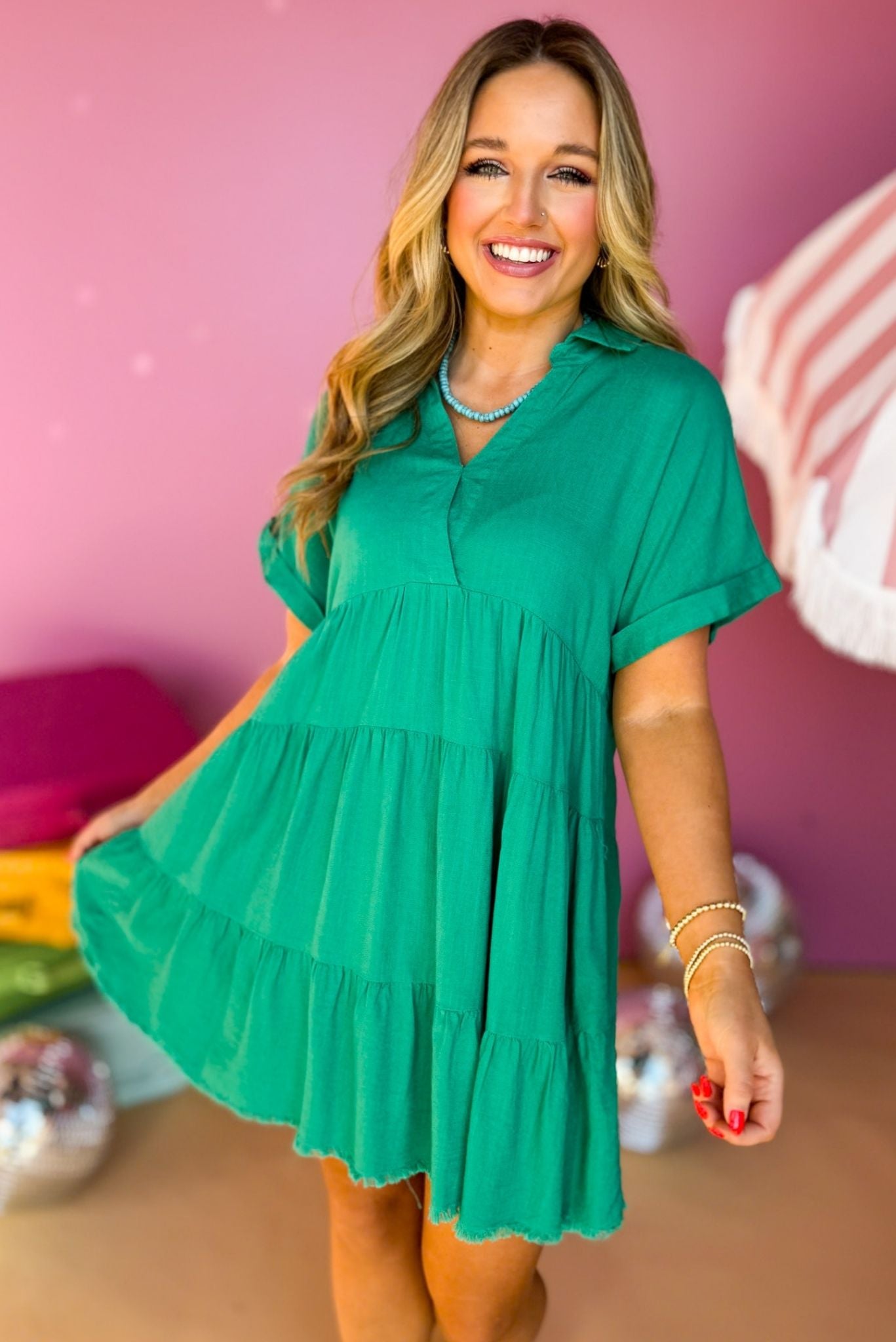 Green V Neck Collared Tiered Frayed Hem Short Sleeve Dress, must have dress, vacation dress, summer dress, elevated dress, summer style, vacation style, Cabo collection shop style your senses by mallory fitzsimmons