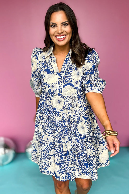 Blue Paisley Printed Two Tone Split Neck Collared Three Quarter Sleeve Dress, paisley dress, spring dress, must have dress, must have style, weekend style, brunch style, spring fashion, elevated style, elevated style, mom style, shop style your senses by mallory fitzsimmons, ssys by mallory fitzsimmons