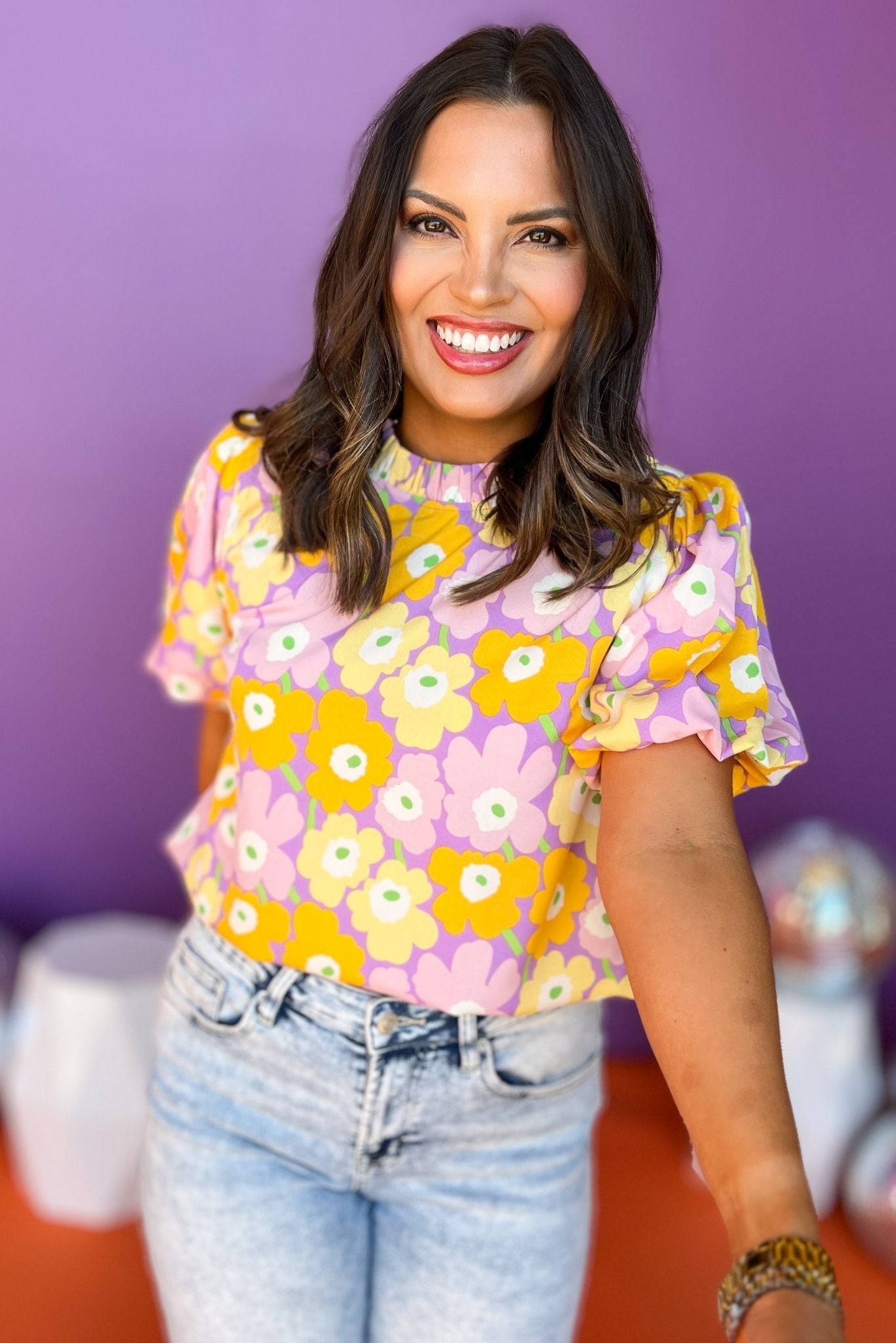 Lavender Floral Printed Frilled Neck Short Puff Sleeve Top, floral top, printed top, spring style, must have top, must have style, summer style, spring fashion, elevated style, elevated top, mom style, shop style your senses by mallory fitzsimmons, ssys by mallory fitzsimmons