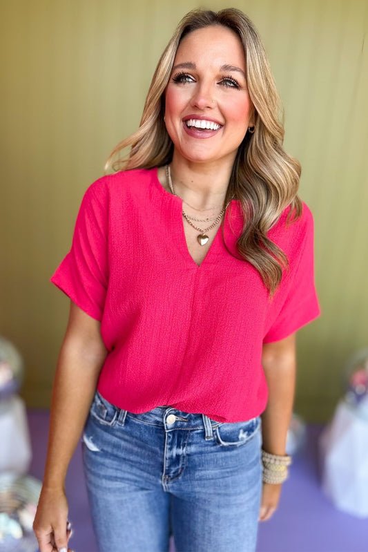 Magenta Bubble Airflow Split Neck Top *FINAL SALE* *Final Sale*, saturday steal, must have top, must have basic, basic top, elevated basic, closet staple, spring fashion, spring top, shop style your senses by mallory fitzsimmons, ssys by mallory fitzsimmons
