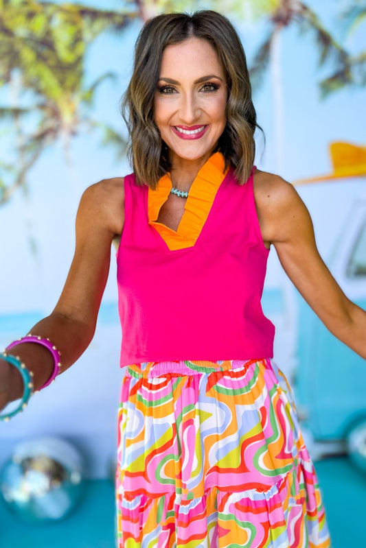 SSYS The Darcy Ruffle Colorblock Collar Sleeveless Top In Pink, ssys the label, spring break top, spring break style, spring fashion affordable fashion, elevated style, bright style, ruffle top, mom style, shop style your senses by mallory fitzsimmons, ssys by mallory fitzsimmons