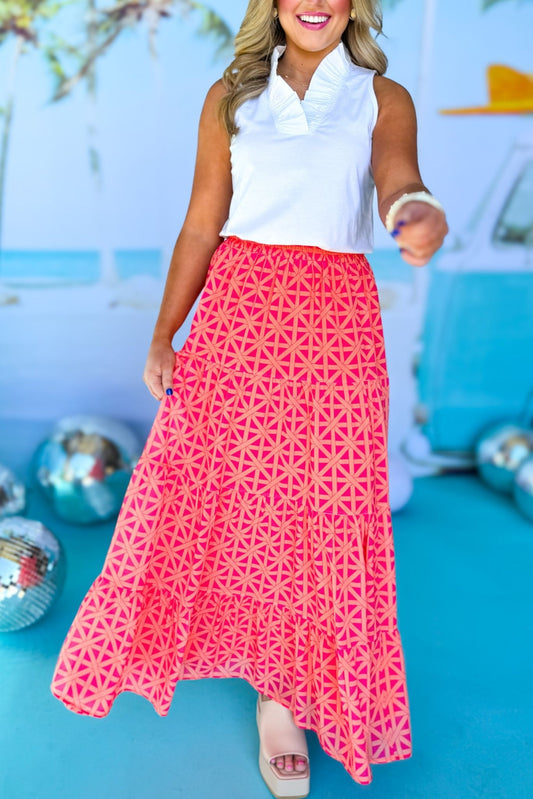 SSYS The Sadie Maxi Skirt In Pink Orange Lattice, ssys the label, spring break skirt, spring break style, spring fashion affordable fashion, elevated style, bright style, printed skirt, mom style, shop style your senses by mallory fitzsimmons, ssys by mallory fitzsimmons