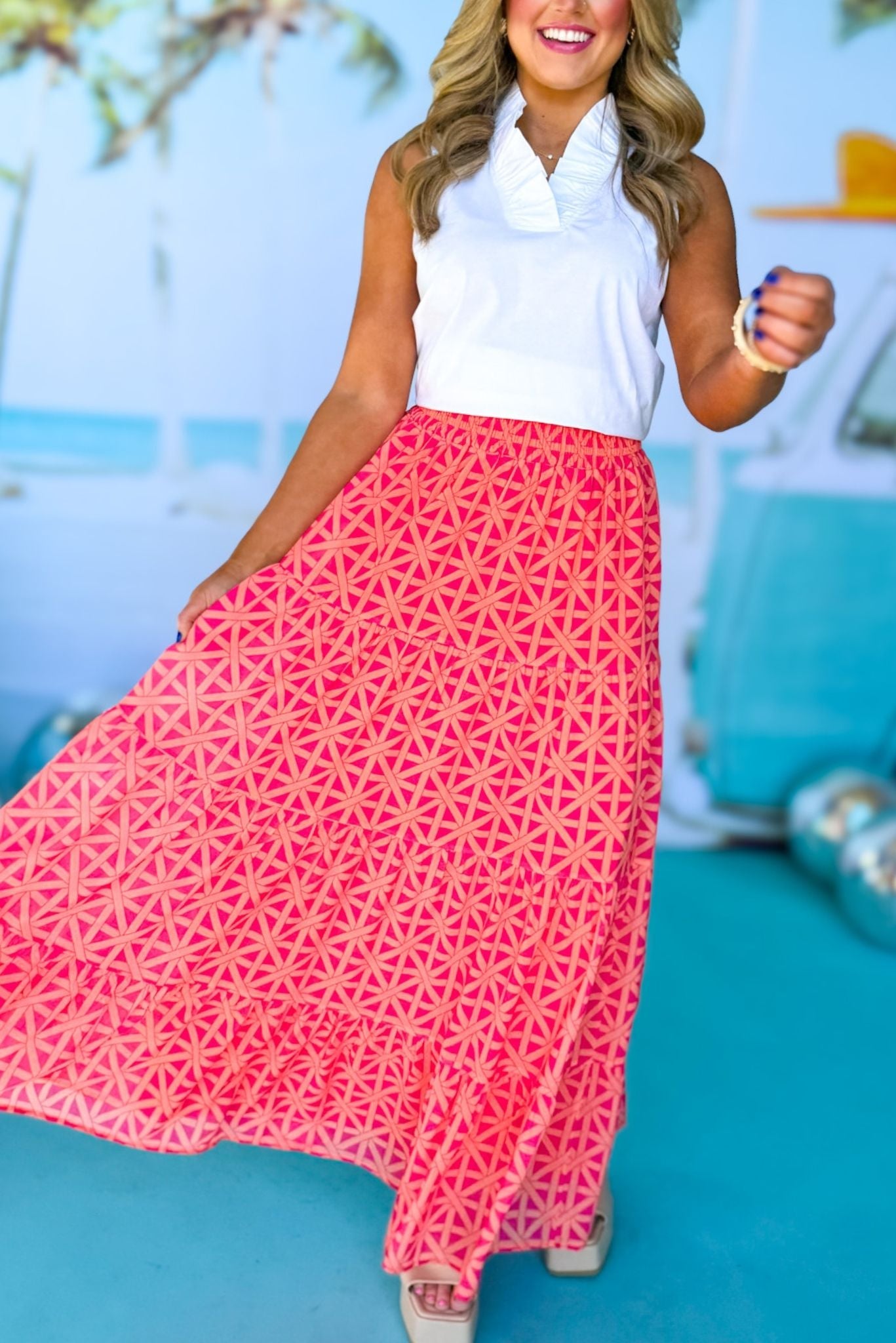 SSYS The Sadie Maxi Skirt In Pink Orange Lattice, ssys the label, spring break skirt, spring break style, spring fashion affordable fashion, elevated style, bright style, printed skirt, mom style, shop style your senses by mallory fitzsimmons, ssys by mallory fitzsimmons