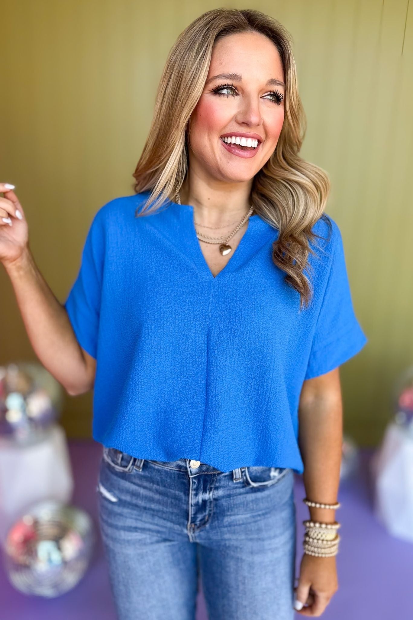 Ocean Blue Bubble Airflow Split Neck Top *FINAL SALE* *Final Sale*, saturday steal, must have top, must have basic, basic top, elevated basic, closet staple, spring fashion, spring top, shop style your senses by mallory fitzsimmons, ssys by mallory fitzsimmons