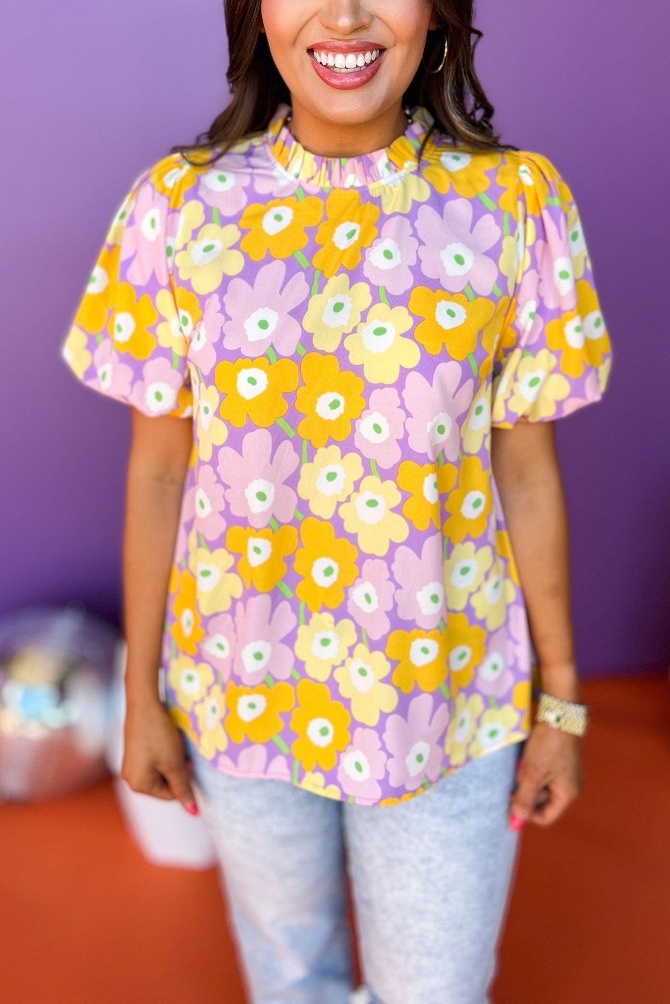 Lavender Floral Printed Frilled Neck Short Puff Sleeve Top, floral top, printed top, spring style, must have top, must have style, summer style, spring fashion, elevated style, elevated top, mom style, shop style your senses by mallory fitzsimmons, ssys by mallory fitzsimmons Edit alt text