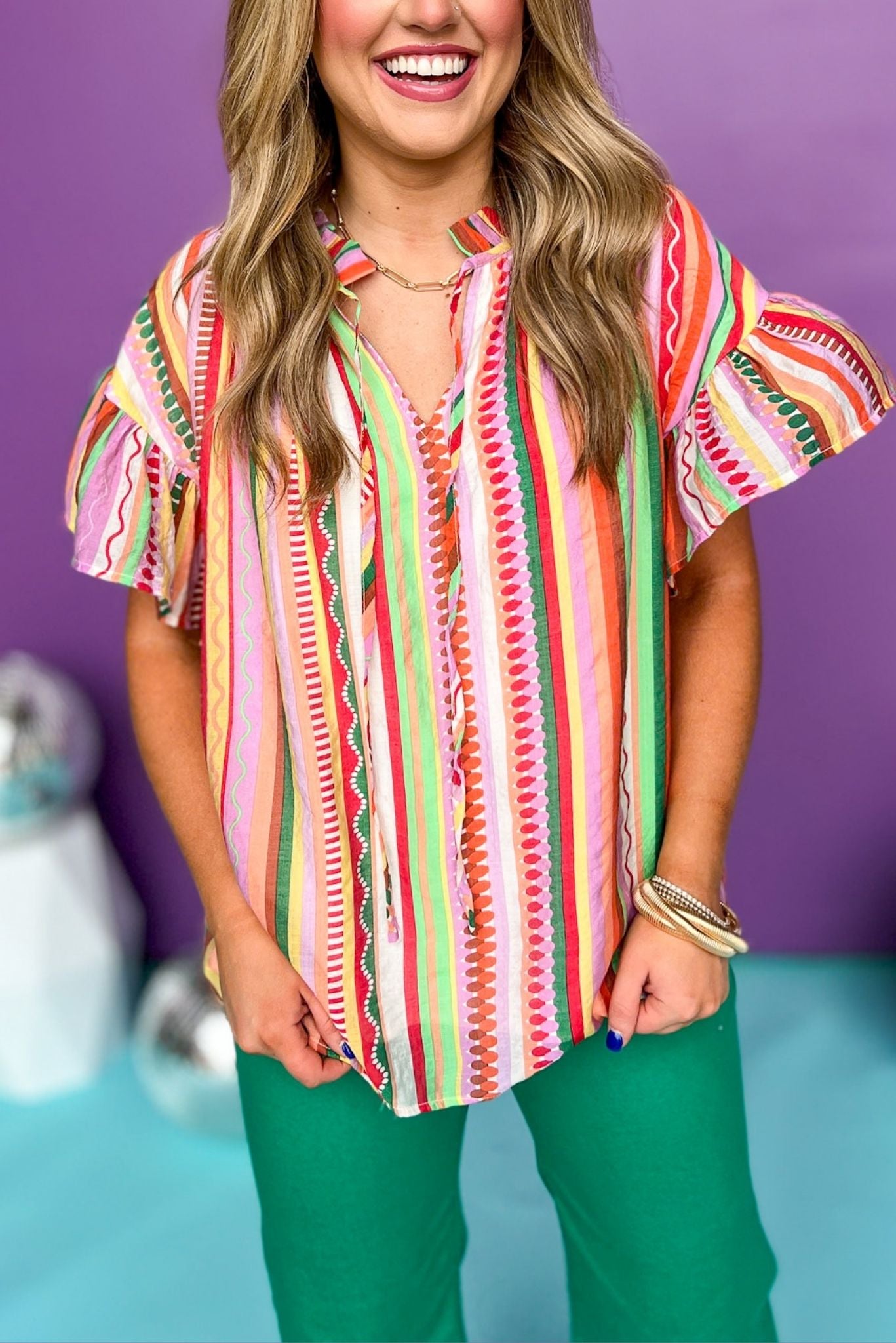 Coral Combo Frill Tie Neck Ruffle Sleeve Top, must have top, must have style, brunch style, summer style, spring fashion, elevated style, elevated top, mom style, shop style your senses by mallory fitzsimmons, ssys by mallory fitzsimmons