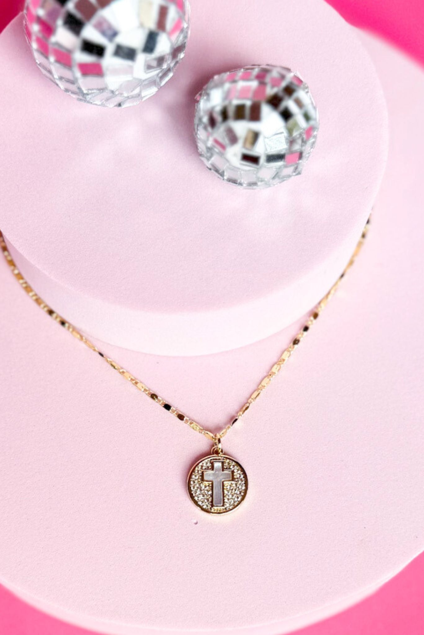 Gold Coin Cross Necklace, accessory, necklace, dainty accessory, dainty necklace, gold accessory, gold necklace, gold coin charm, gold coin necklace, cross coin charm, cross coin necklace, gold cross coin necklace, must have accessory, must have necklace, elevated accessory, elevated necklace, elevated style, elevated styling, Shop Style Your Senses by Mallory Fitzsimmons, SSYS by Mallory Fitzsimmons