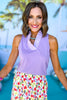 SSYS The Darcy Ruffle Colorblock Collar Sleeveless Top In Purple, ssys the label, spring break top, spring break style, spring fashion affordable fashion, elevated style, bright style, ruffle top, mom style, shop style your senses by mallory fitzsimmons, ssys by mallory fitzsimmons