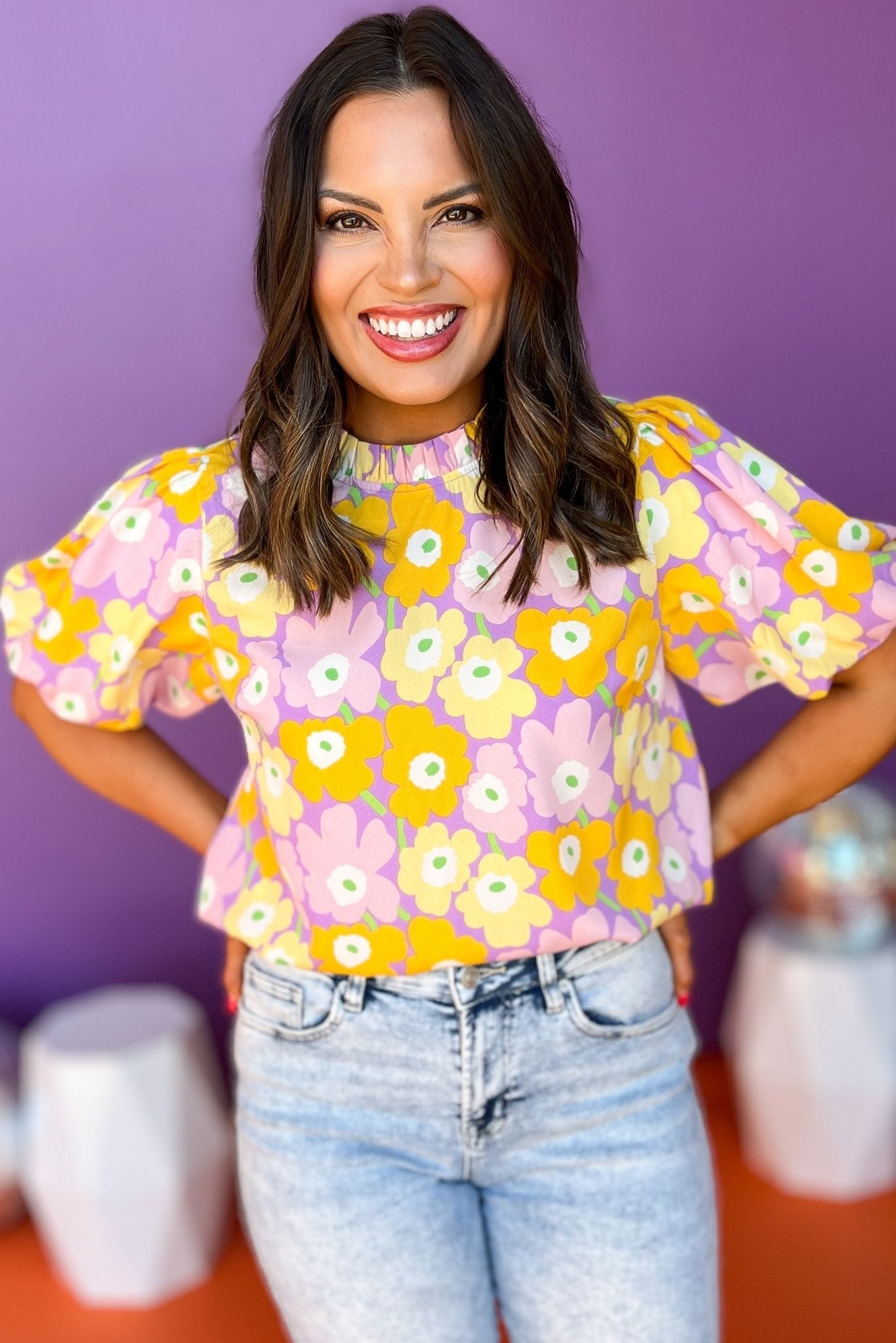 Lavender Floral Printed Frilled Neck Short Puff Sleeve Top, floral top, printed top, spring style, must have top, must have style, summer style, spring fashion, elevated style, elevated top, mom style, shop style your senses by mallory fitzsimmons, ssys by mallory fitzsimmons Edit alt text