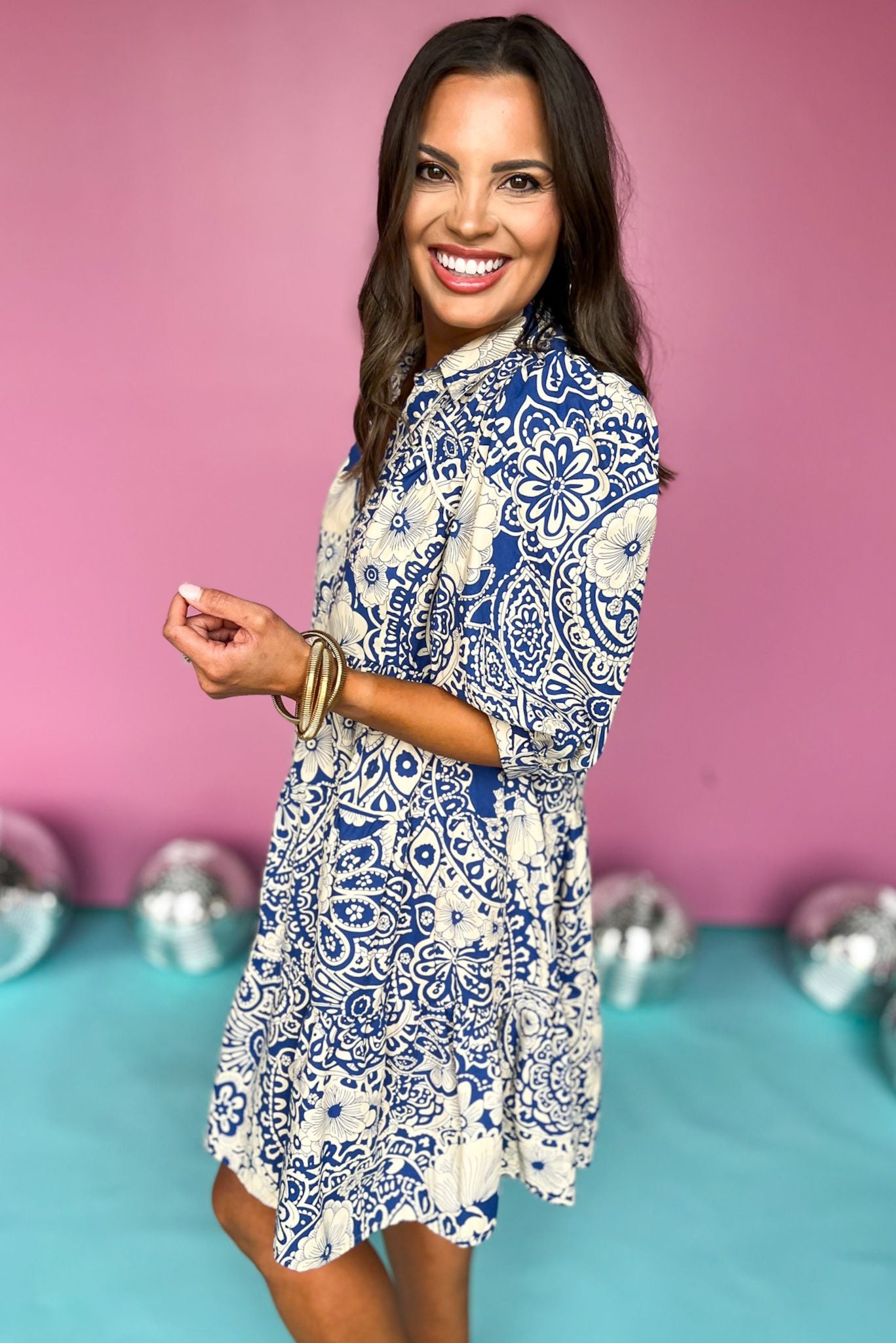 Blue Paisley Printed Two Tone Split Neck Collared Three Quarter Sleeve Dress, paisley dress, spring dress, must have dress, must have style, weekend style, brunch style, spring fashion, elevated style, elevated style, mom style, shop style your senses by mallory fitzsimmons, ssys by mallory fitzsimmons Edit alt text