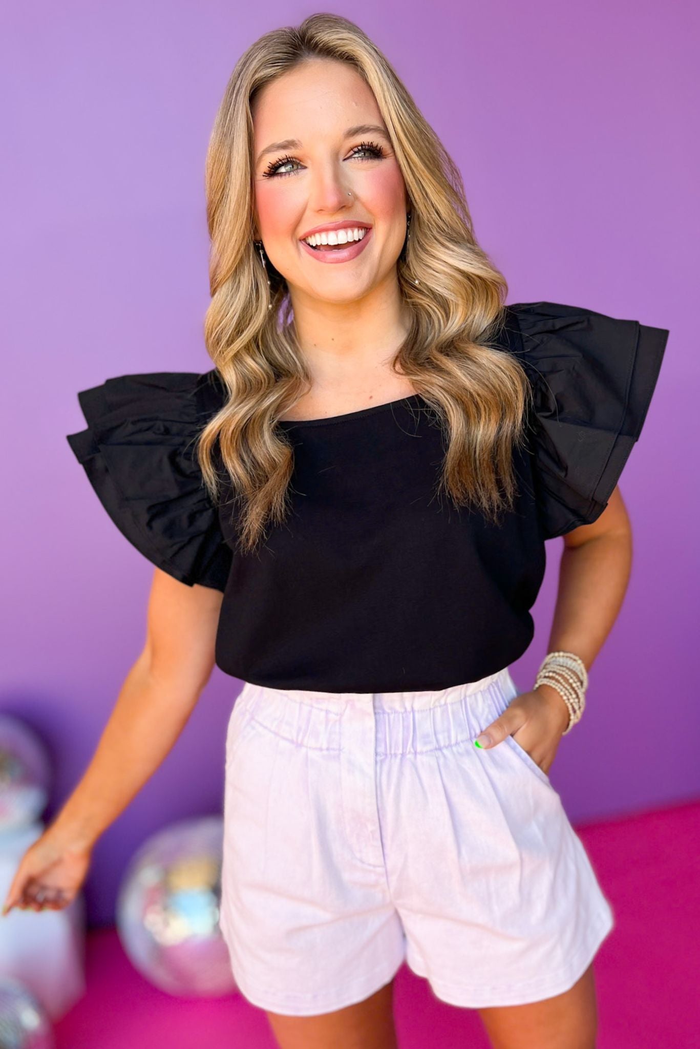 Black Square Neck Ruffle Sleeve Top, flutter sleeve top, must have top, must have style, summer style, spring fashion, elevated style, elevated top, mom style, shop style your senses by mallory fitzsimmons, ssys by mallory fitzsimmons