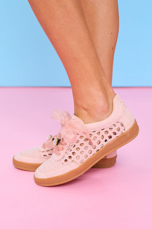 Pink Suede Woven Panel Sneakers
