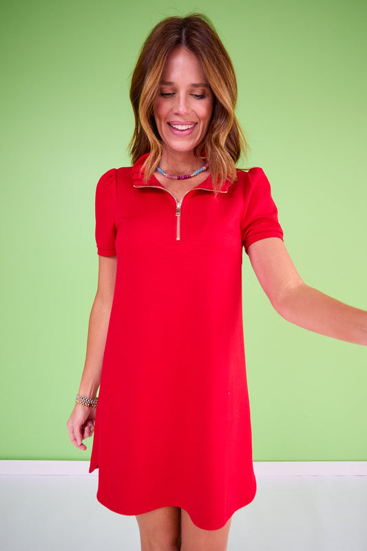 SSYS Zoey Short Sleeve Ruffle Collar Zip Air Dress In Red