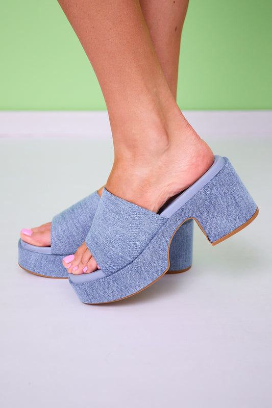 Blue Denim Wedge Platform Slides