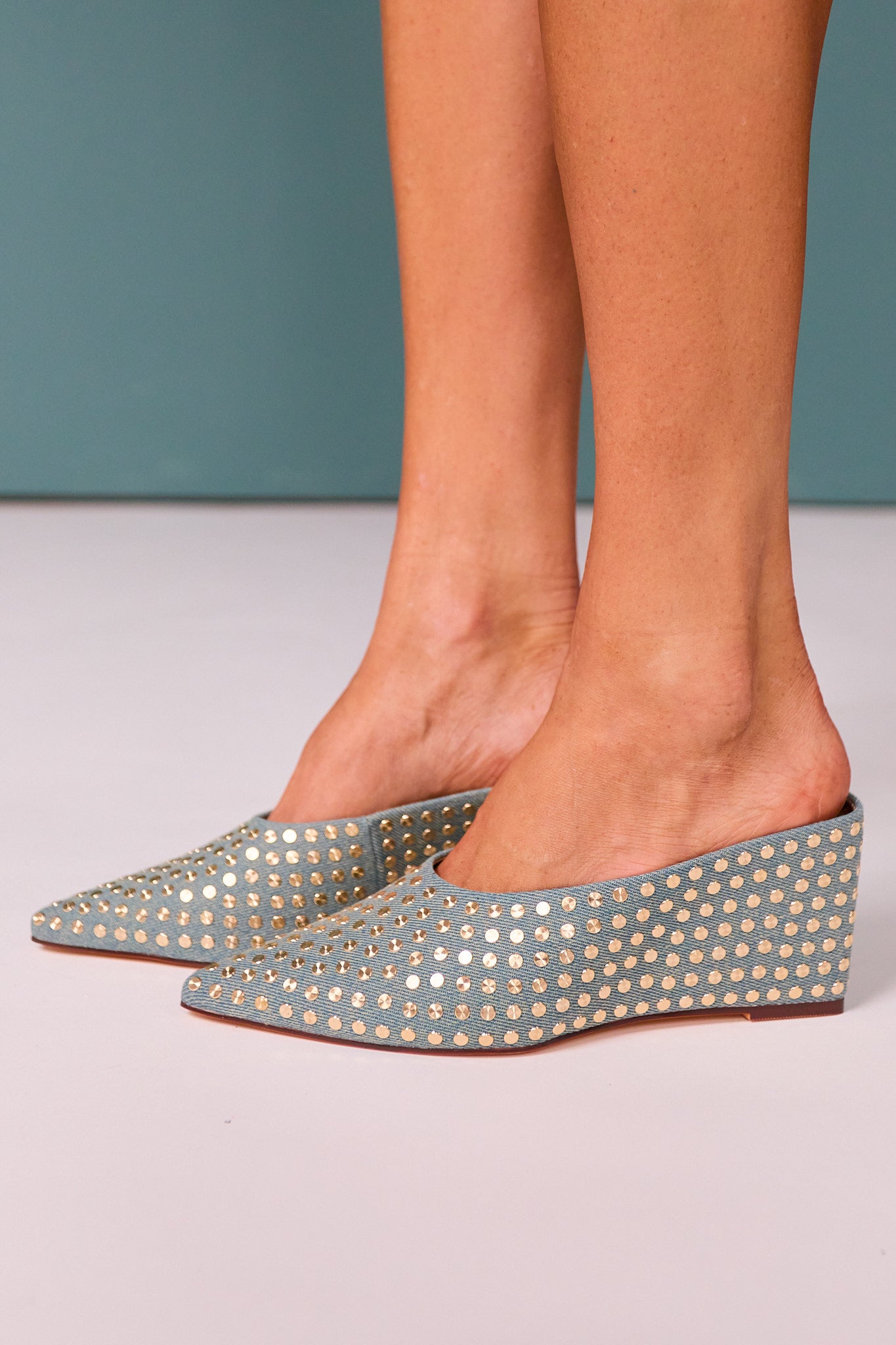 Denim Wedge Mule with Gold Studs