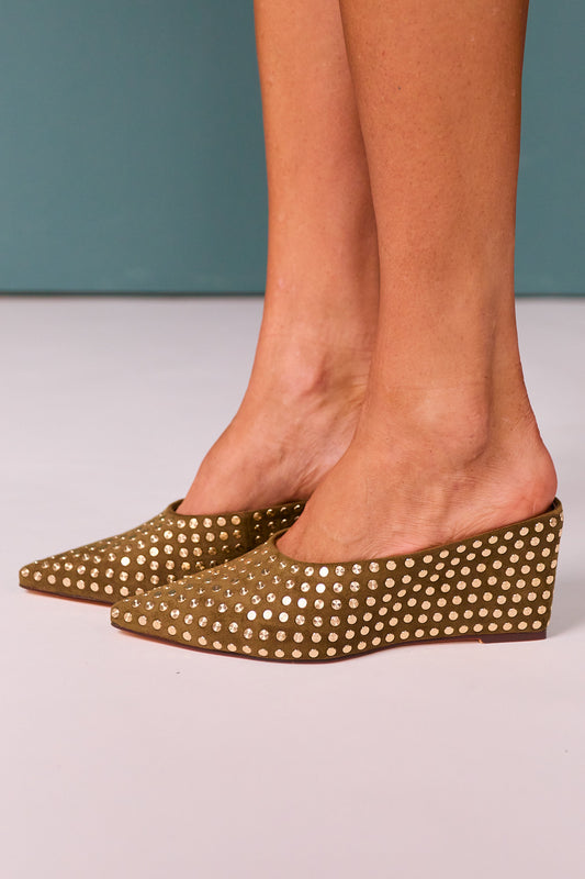 Olive Wedge Mule with Gold Studs