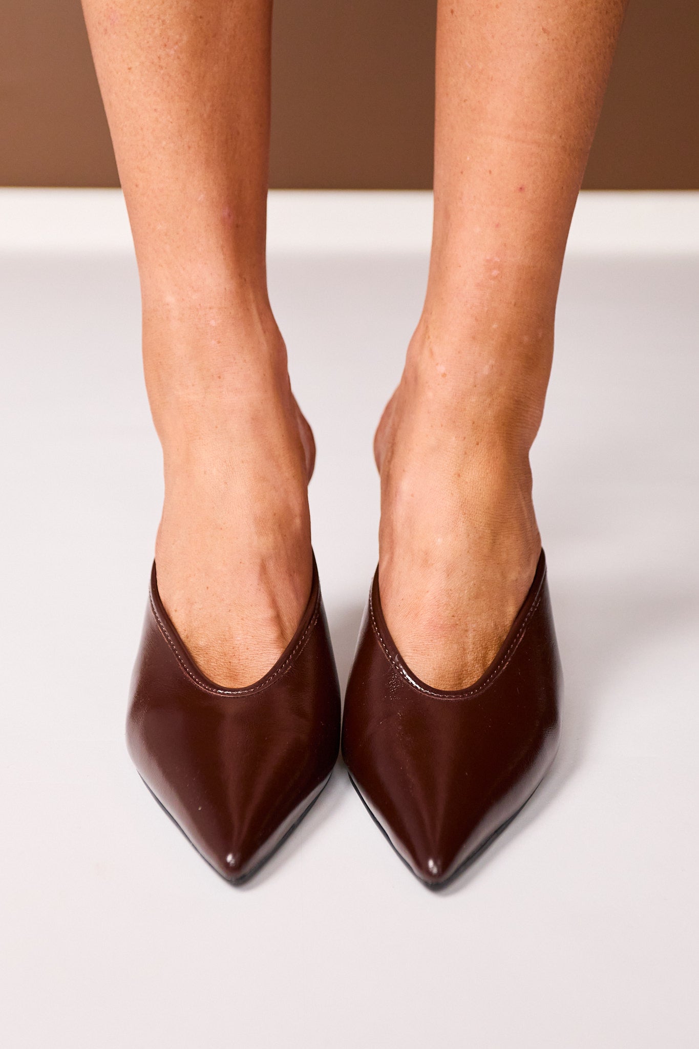 Dark Brown Faux Leather V Cut Mule Pumps
