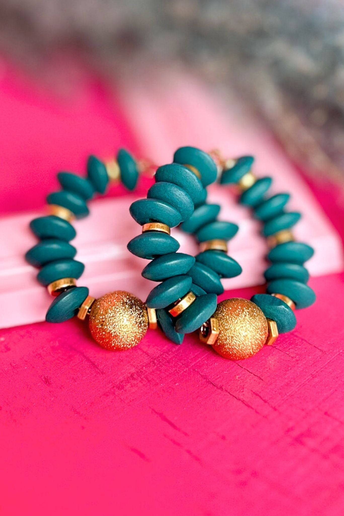 Green Frosted Metal Accented Wood Beaded Open Circle Earrings, accessory, earrings, must have accessory, shop style your senses by mallory fitzsimmons