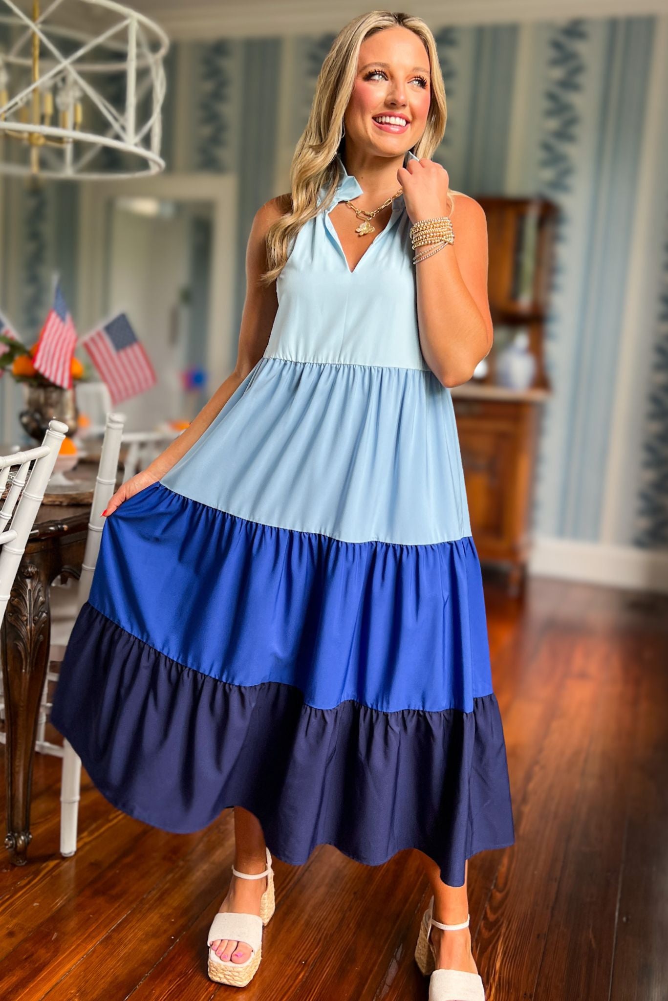 SSYS The Reagan Tiered Maxi Dress In Blue Colorblock, ssys top, ssys the label, elevated dress, must have dress, Fourth of July collection, must have style, mom style, summer style, shop style your senses by MALLORY FITZSIMMONS, ssys by MALLORY FITZSIMMONS