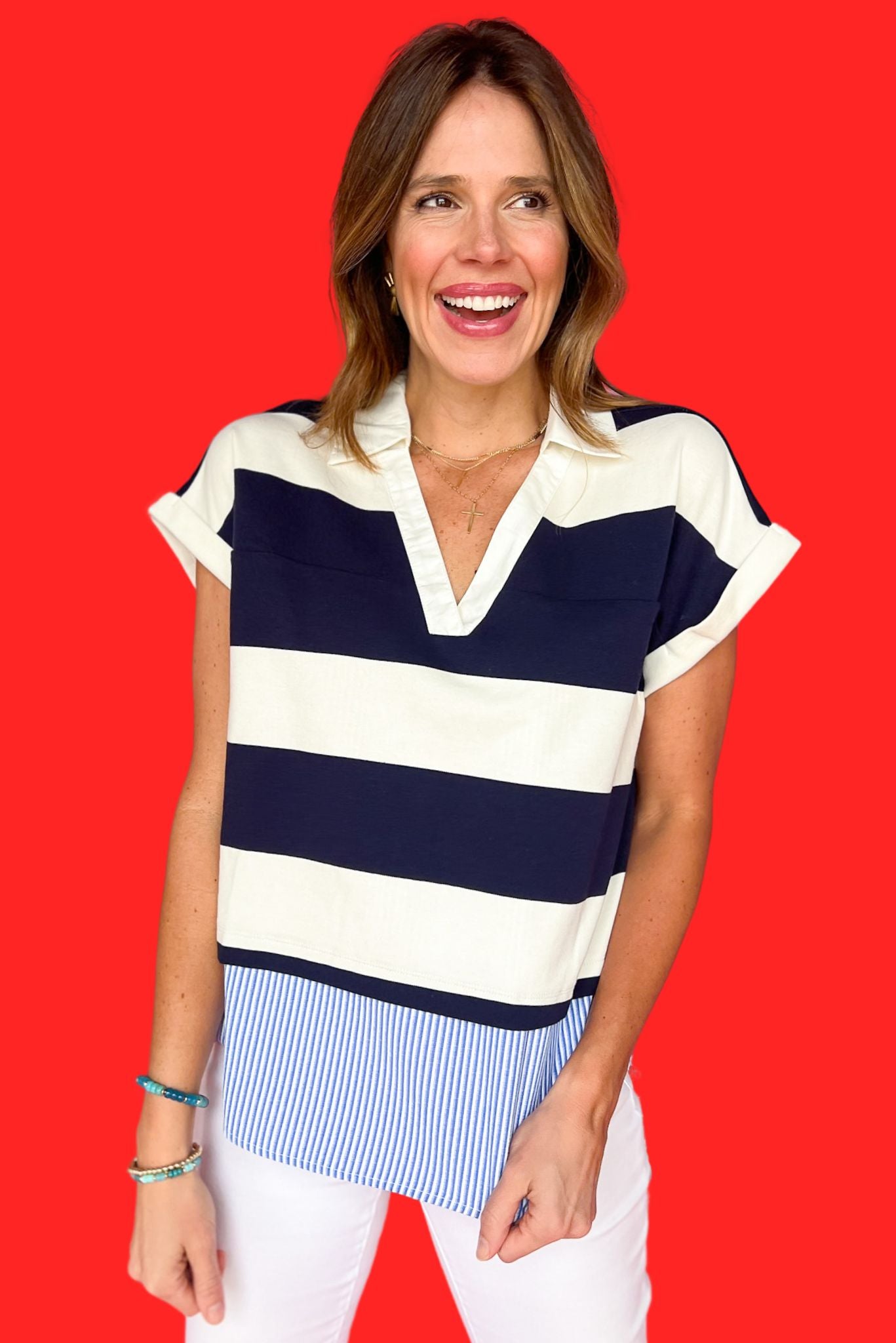 Navy Stripe V Neck Collared Twofer Top, top, collared top, v neck top, striped stop, navy striped top, navy and white striped top, twofer top, must have top, elevated top, elevated style, summer top, summer style, Shop Style Your Senses by Mallory Fitzsimmons, SSYS by Mallory Fitzsimmons