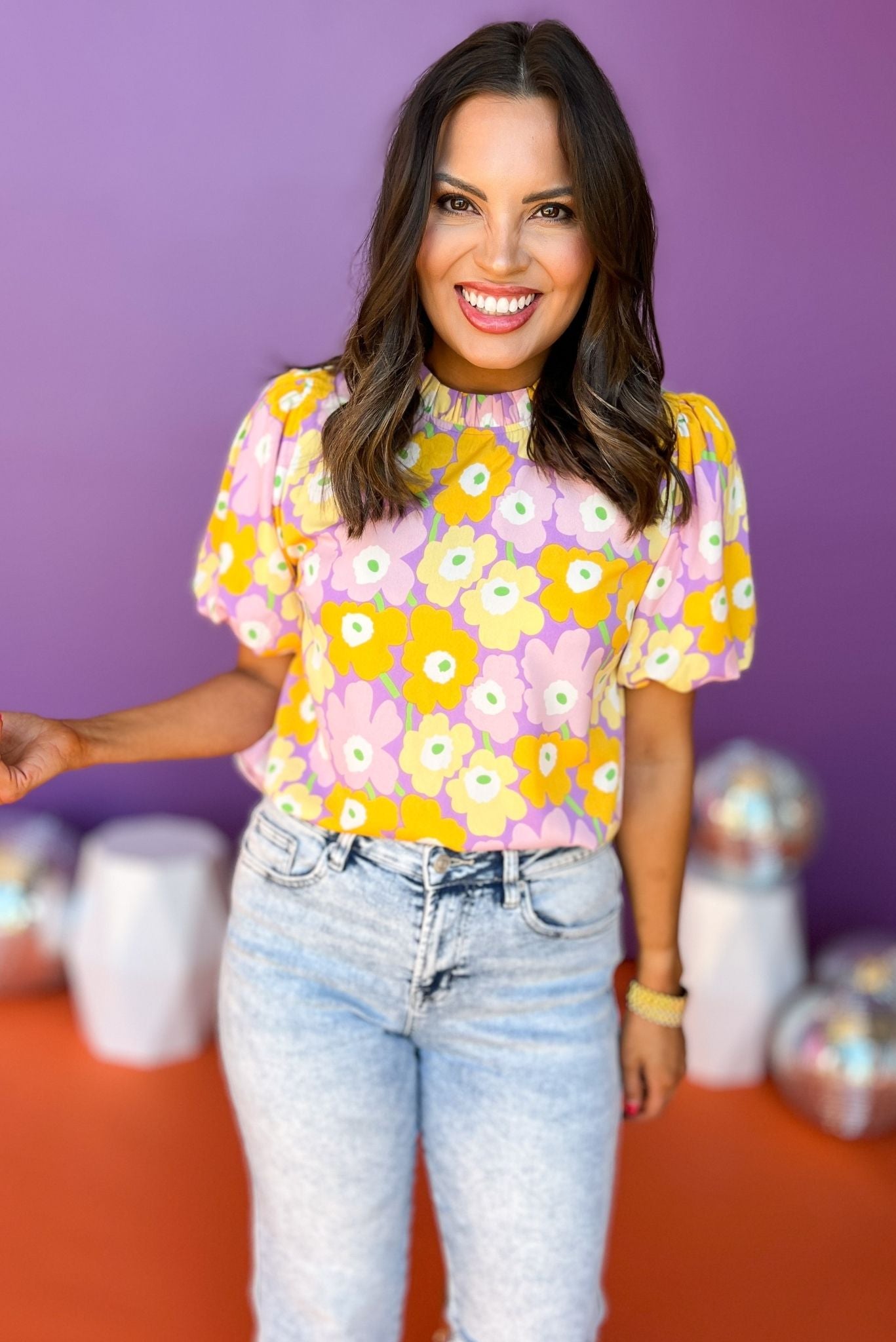 Lavender Floral Printed Frilled Neck Short Puff Sleeve Top, floral top, printed top, spring style, must have top, must have style, summer style, spring fashion, elevated style, elevated top, mom style, shop style your senses by mallory fitzsimmons, ssys by mallory fitzsimmons Edit alt text