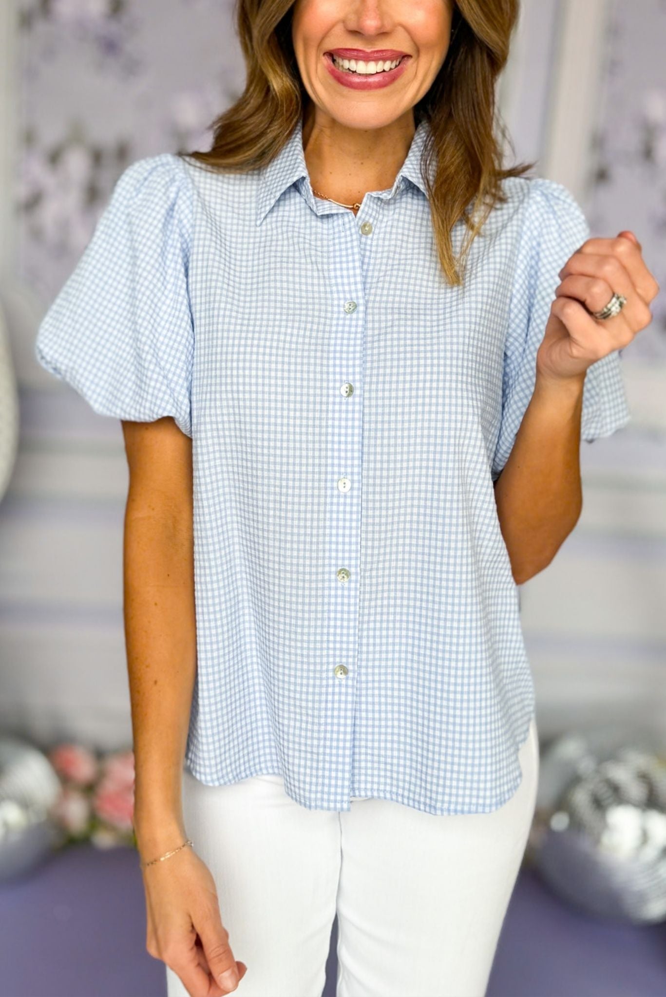 Blue Poplin Collared Button Down Puff Sleeve Top, gingham top, must have top, spring top, elevated top, blue top, mothers day top, mom style, church style, shop style your senses by Mallory Fitzsimmons, ssys by Mallory Fitzsimmons  Edit alt text