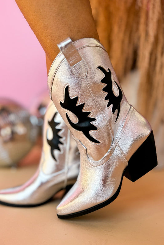 Silver Contrast Cutout Western Booties, boots, western, metallic boots, must have boots, shop style your senses by mallory fitzsimmons, ssys by mallory fitzsimmons