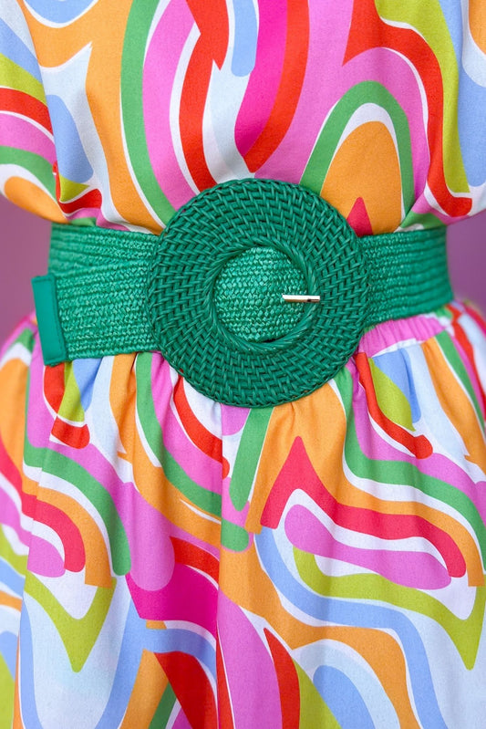 Green Rattan Round Buckle Stretch Belt, accessory, belt, must have belt, spring accessory, summer accessory, shop style your senses by mallory fitzsimmons, ssys by mallory fitzsimmons