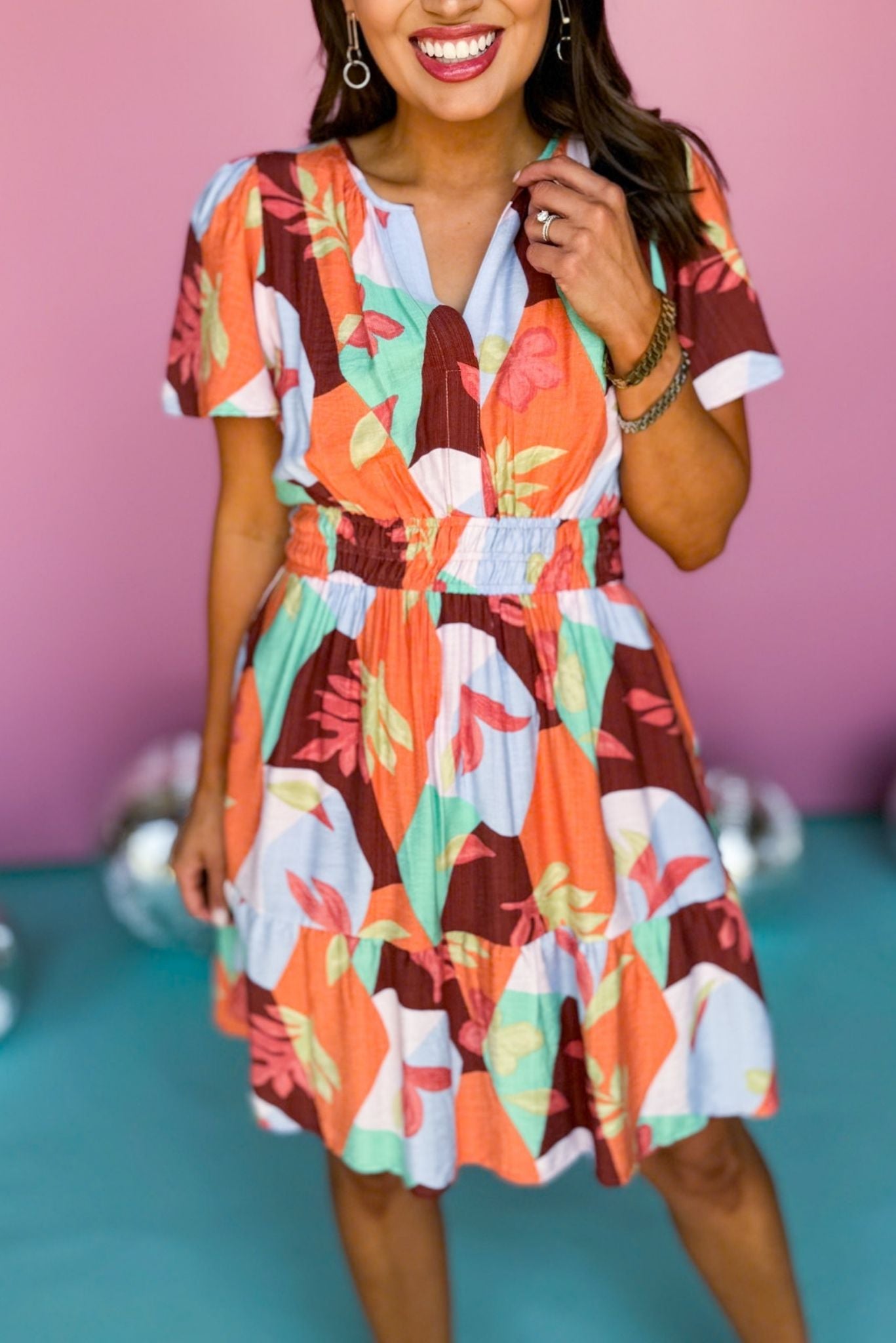 Rust Multi Abstract Notched Neckline Elastic Waist Dress, rust dress, printed dress, smocked dress, must have dress, must have style, weekend style, brunch style, spring fashion, elevated style, elevated style, mom style, shop style your senses by mallory fitzsimmons, ssys by mallory fitzsimmons Edit alt text