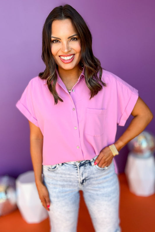 Orchid Button Front Short Sleeve Top, button up top, pocket detail top, must have top, must have style, summer style, spring fashion, elevated style, elevated top, mom style, shop style your senses by mallory fitzsimmons, ssys by mallory fitzsimmons