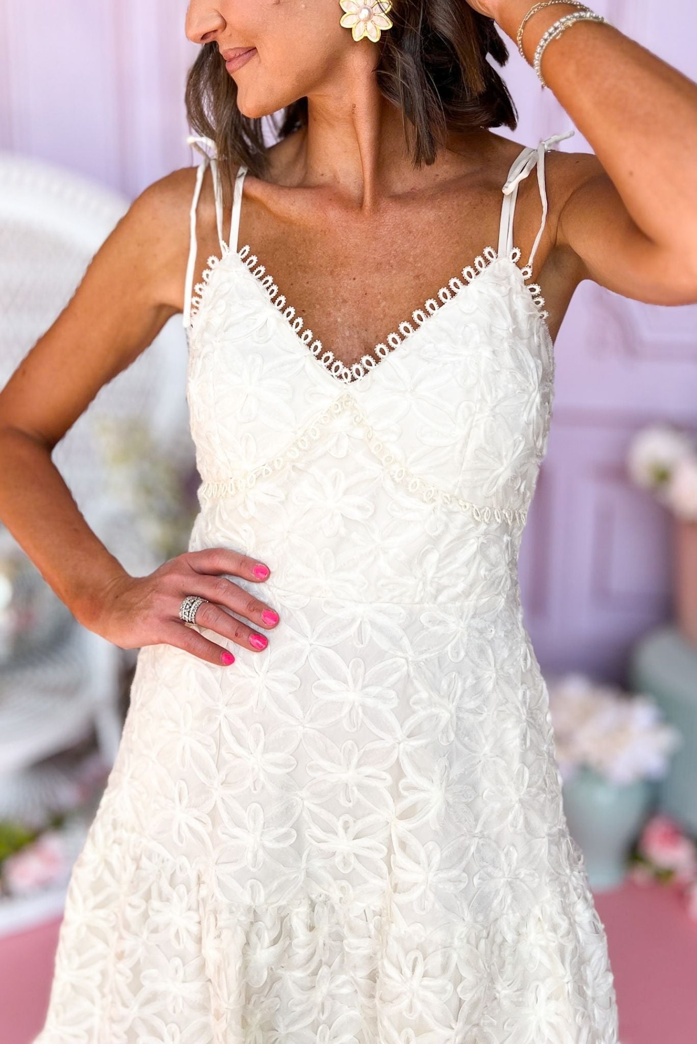 Cream Shoulder Tie Ruffle Bottom Midi Dress, lace dress, Floral dress, spring dress, church dress, mini dress, spring style, church style, elevated style, mom style, shop style your senses by mallory fitzsimmons, ssys by mallory fitzsimmons