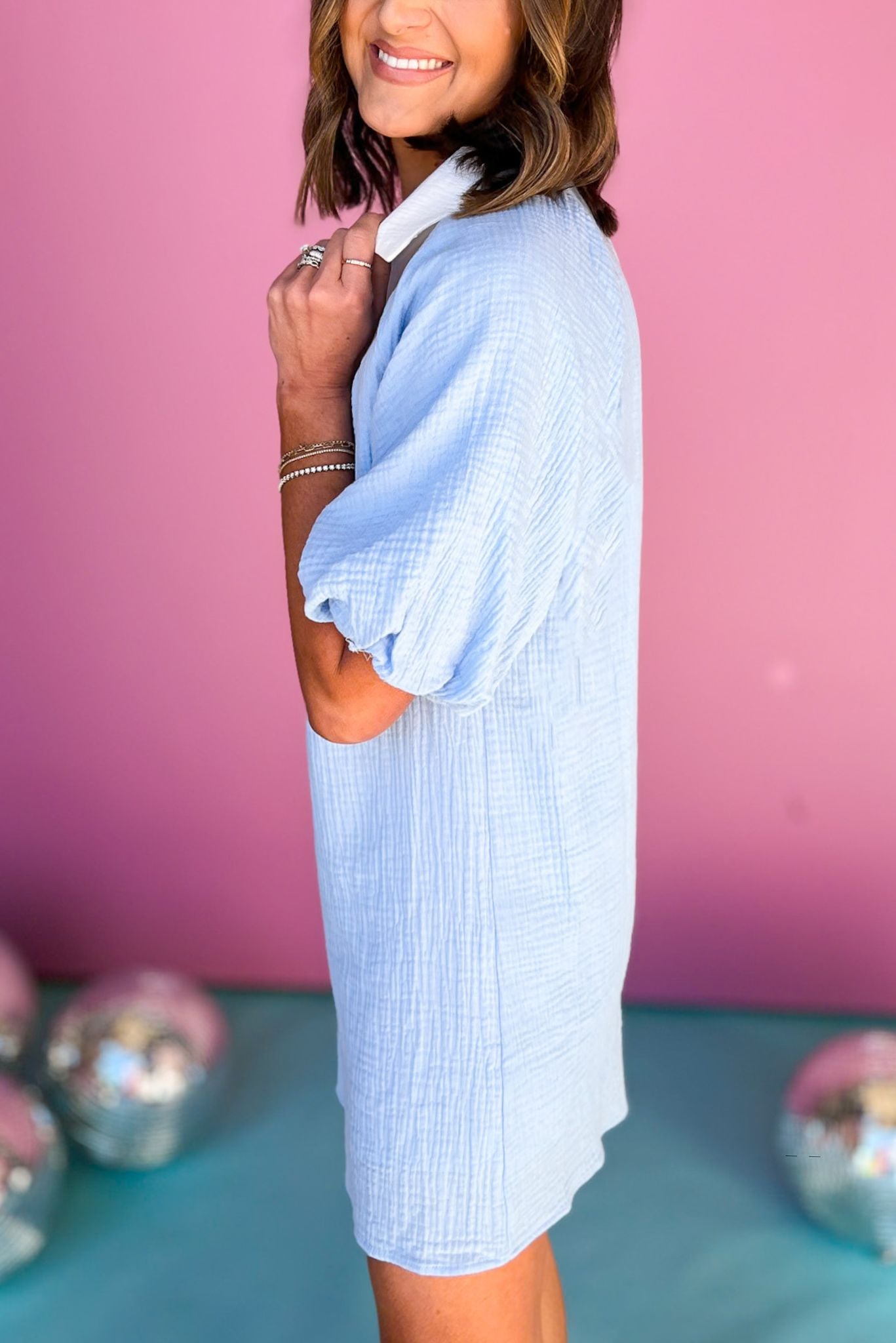 THML Blue Collared V Neck Short Puff Sleeve Midi Dress, must have dress, must have style, summer style, spring fashion, elevated style, elevated dress, mom style, shop style your senses by mallory fitzsimmons, ssys by mallory fitzsimmons