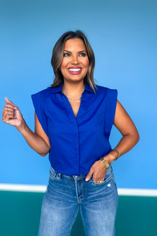 SSYS Audrey Shoulder Pad Cap Sleeve Poplin Button Down Top In Royal