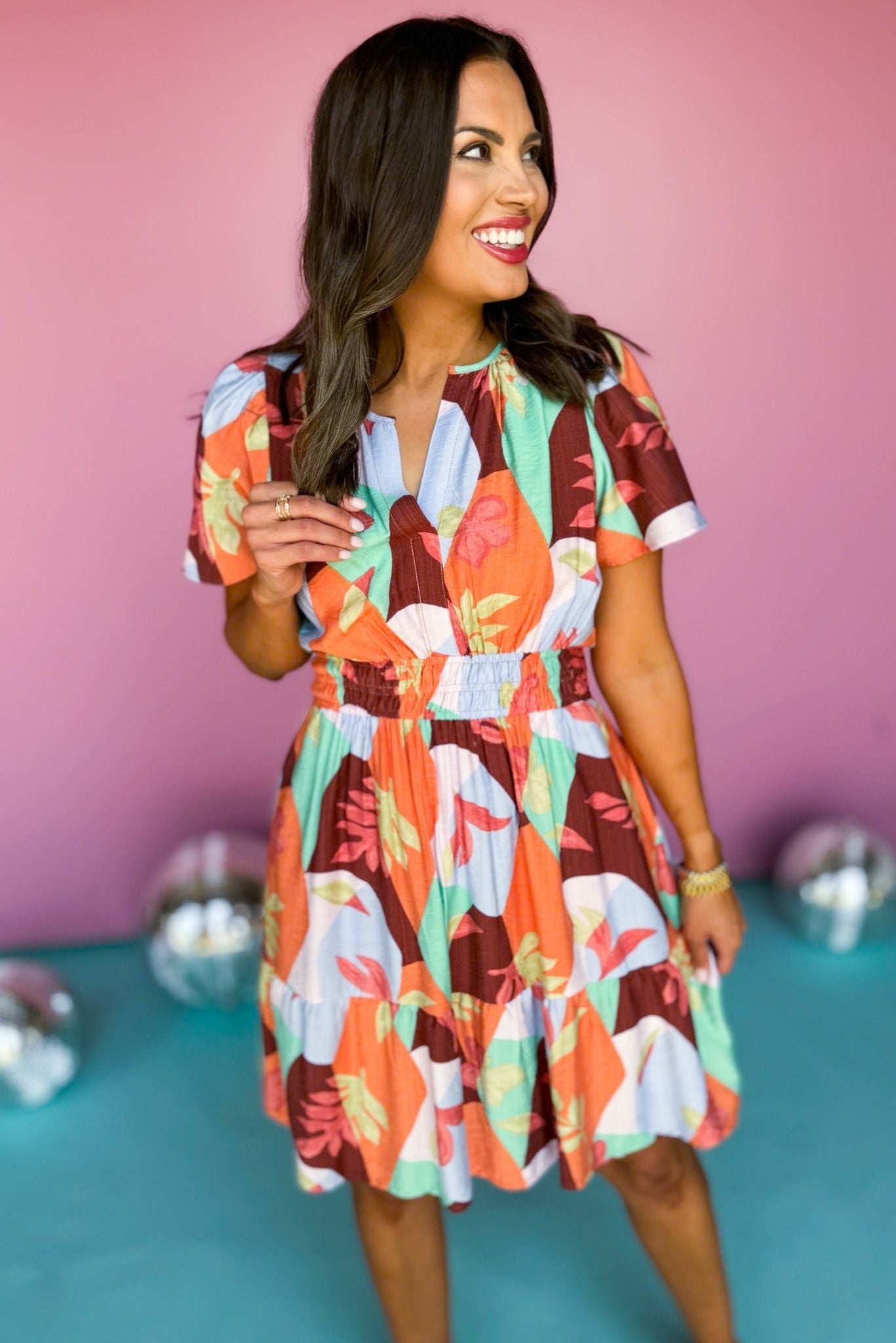 Rust Multi Abstract Notched Neckline Elastic Waist Dress, rust dress, printed dress, smocked dress, must have dress, must have style, weekend style, brunch style, spring fashion, elevated style, elevated style, mom style, shop style your senses by mallory fitzsimmons, ssys by mallory fitzsimmons Edit alt text