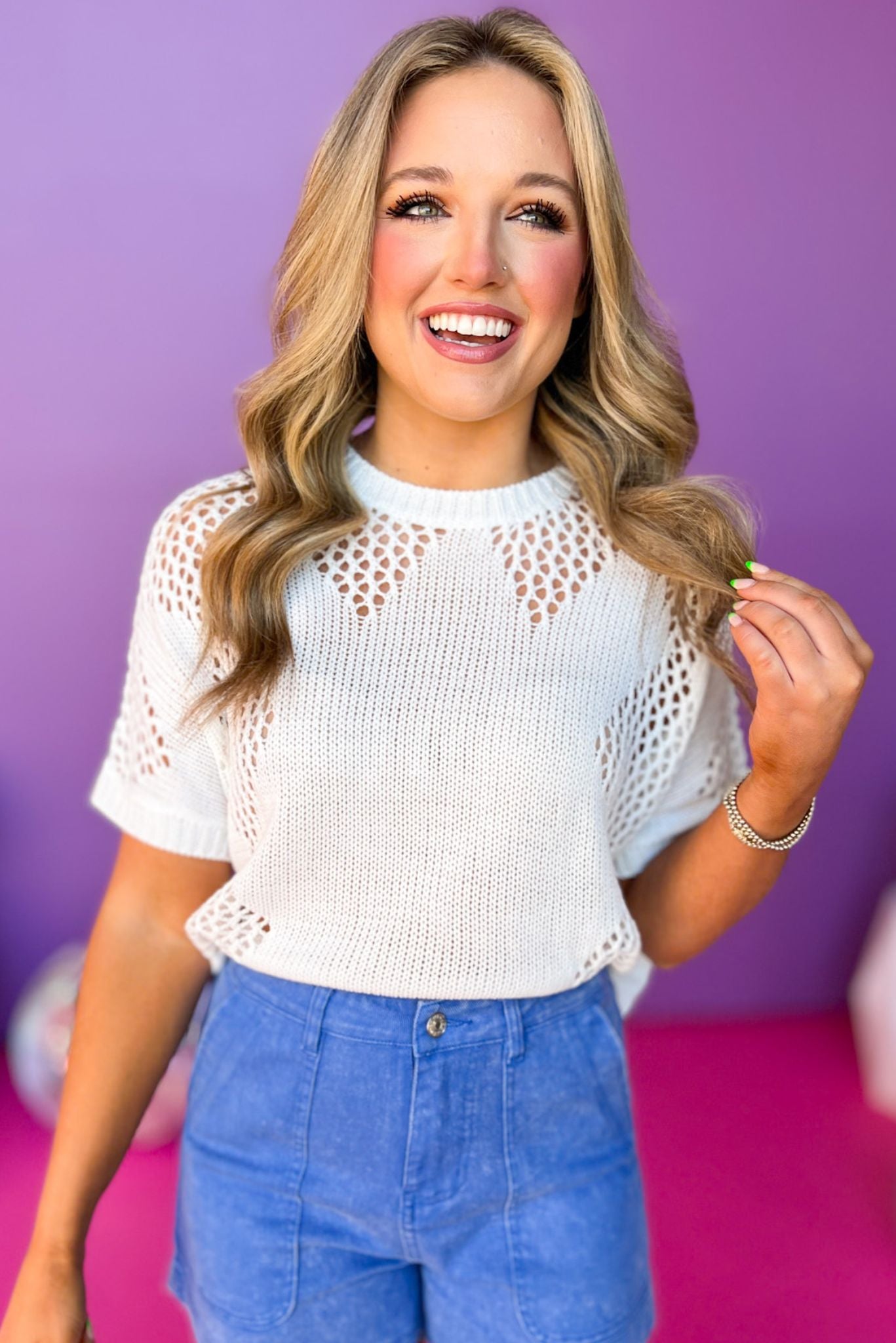 Off White Crew Neck Short Sleeve Knit Top, crochet top, trendy style, must have top, must have style, summer style, spring fashion, elevated style, elevated top, mom style, shop style your senses by mallory fitzsimmons, ssys by mallory fitzsimmons