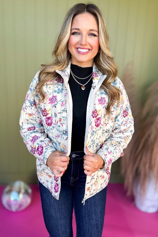 Beige Floral Printed Quilted Zip Up Jacket, must have jacket, must have style, must have winter, winter fashion, elevated style, elevated jacket, mom style, winter style, shop style your senses by mallory fitzsimmons