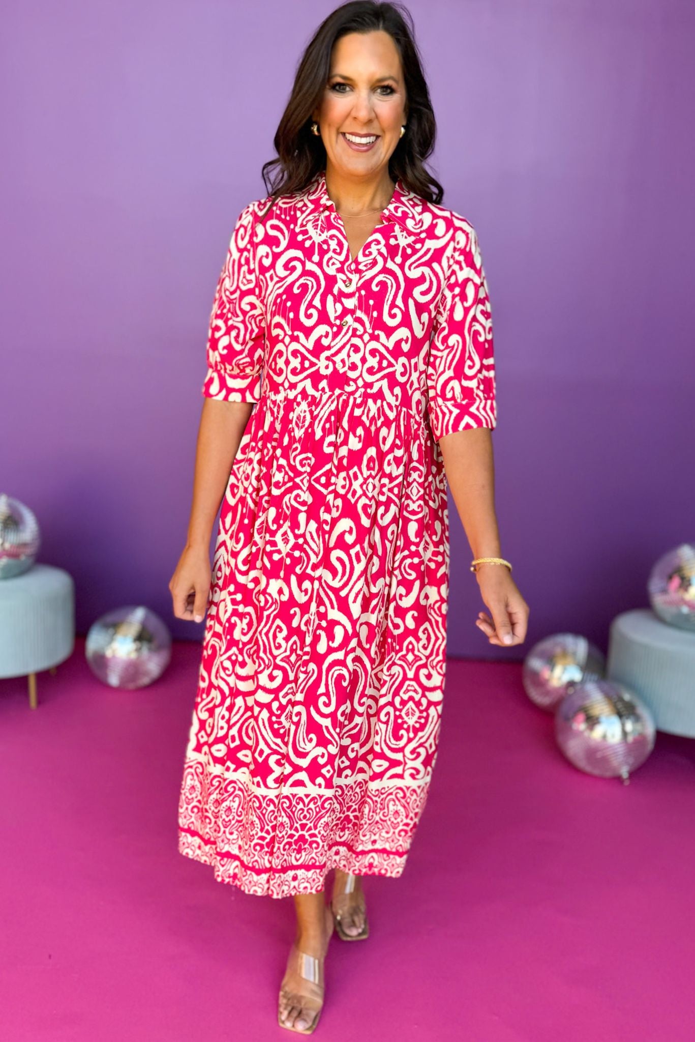 Fuchsia Paisley Printed Split Neck Collared Elbow Sleeve Dress *FINAL SALE*