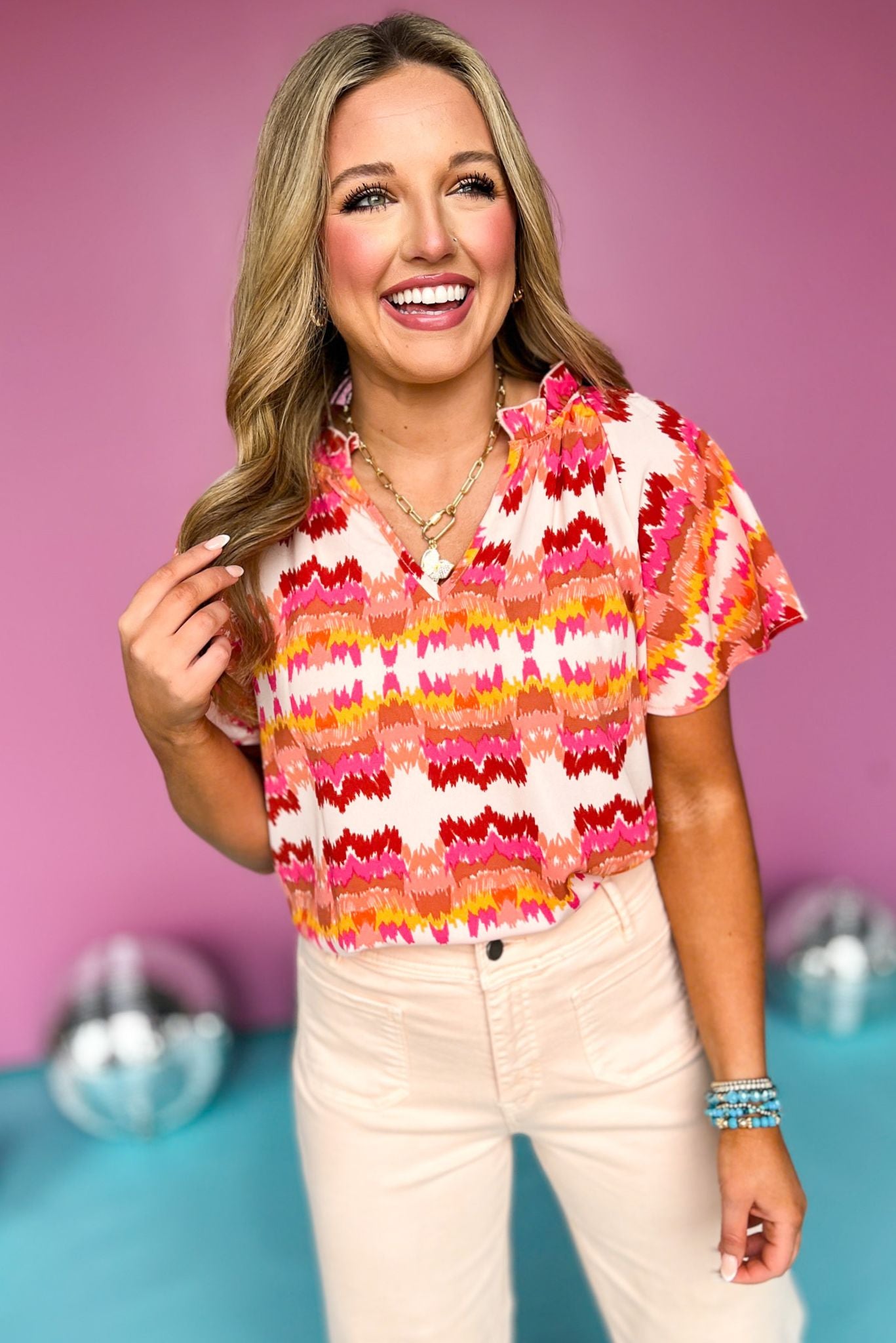 Pink Multi Print Frill Neck Short Sleeve Top, printed top, office top, must have top, must have style, summer style, spring fashion, elevated style, elevated top, mom style, shop style your senses by mallory fitzsimmons, ssys by mallory fitzsimmons  Edit alt text