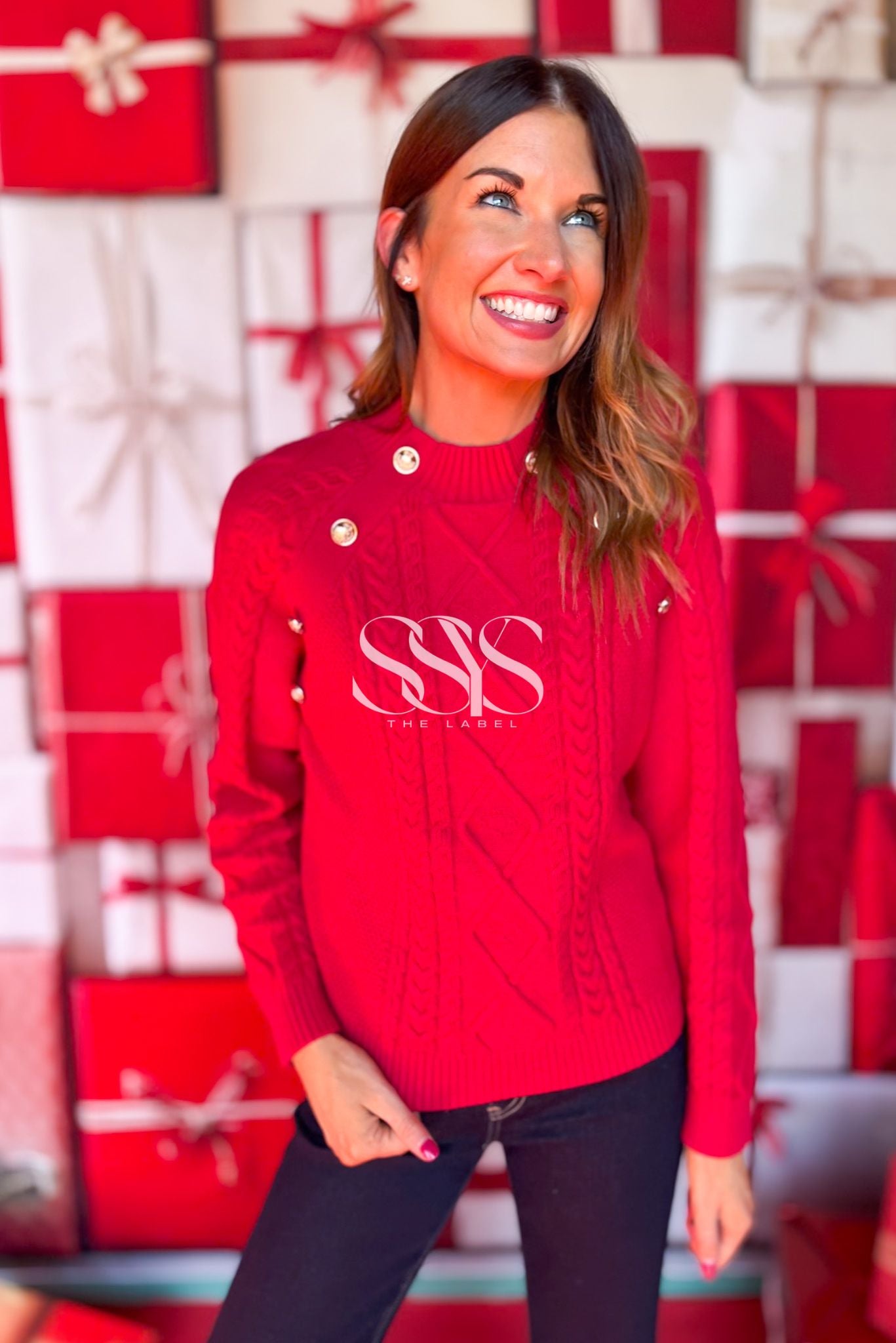 SSYS Larkyn Button Cable Knit Sweater In Red