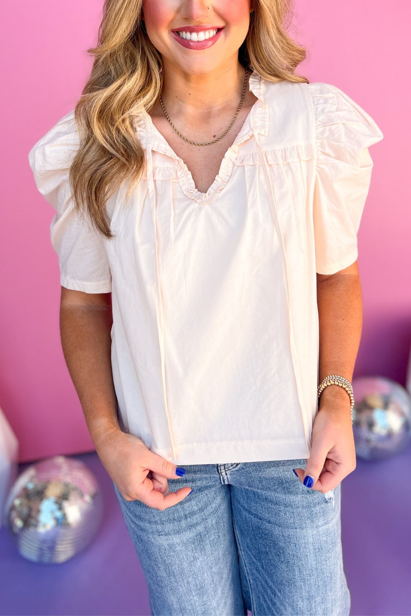 Cream Ruffle Puff Short Sleeve Tie Neck Top, must have top, must have style, brunch style, summer style, spring fashion, elevated style, elevated top, mom style, shop style your senses by mallory fitzsimmons, ssys by mallory fitzsimmons