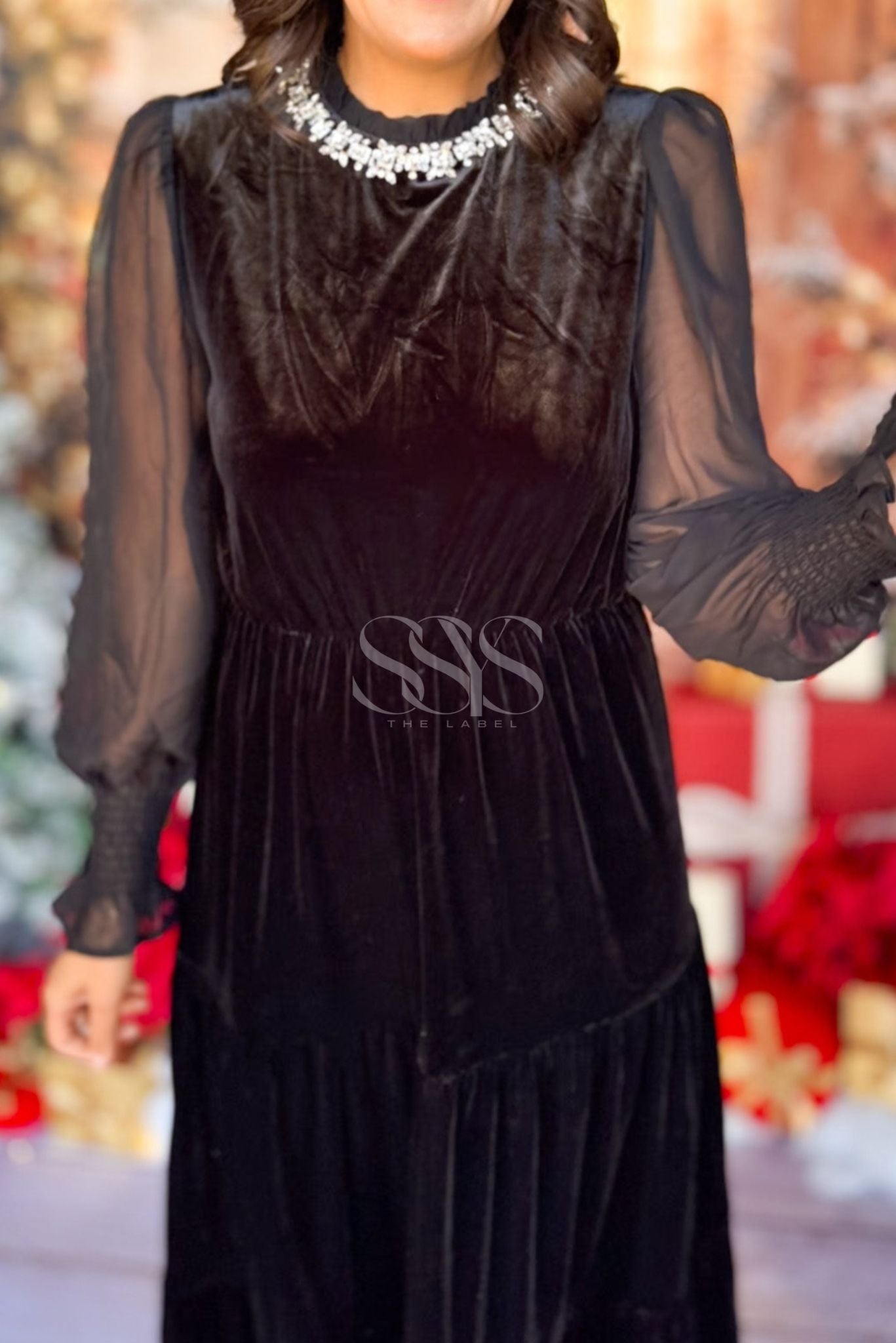 SSYS Winter Velvet Sheer Sleeve Maxi Dress In Black