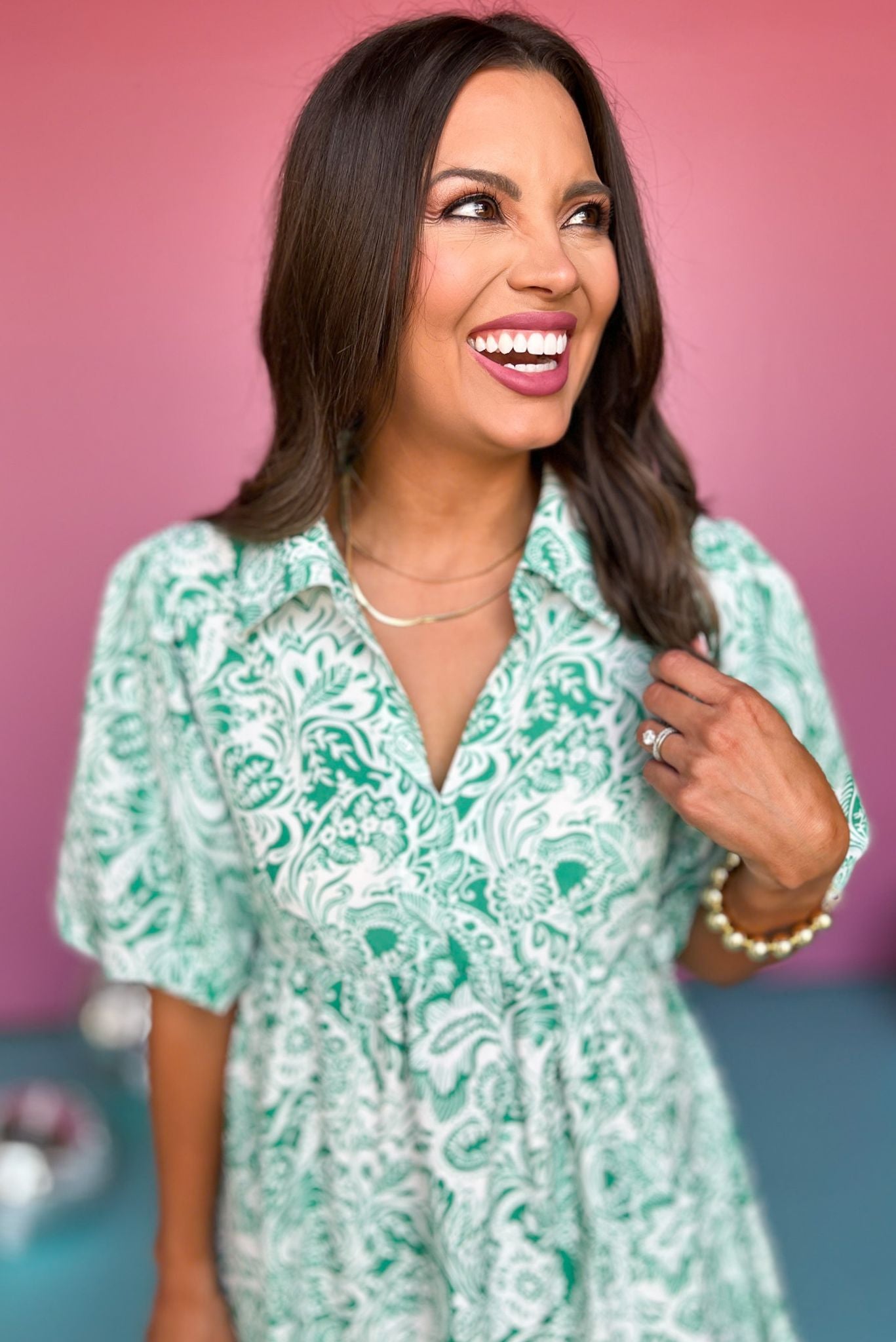 Green Paisley Printed Two Tone Ric Rac Bubble Short Sleeve Dress, ric rack dress, paisley dress, must have dress, must have style, weekend style, brunch style, spring fashion, elevated style, elevated style, mom style, shop style your senses by mallory fitzsimmons, ssys by mallory fitzsimmons Edit alt text