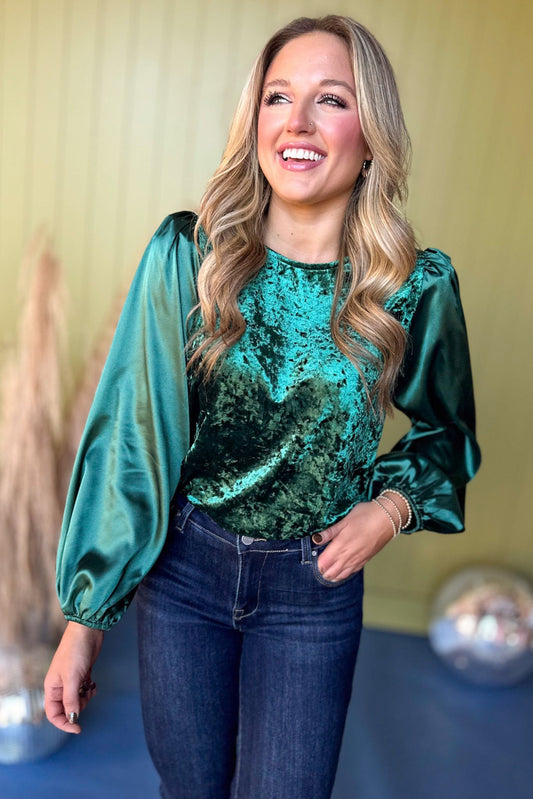  Emerald Green Mixed Material Peasant Long Sleeve Top *FINAL SALE* *Final Sale*, must have top, must have style, must have velvet, fall collection, fall fashion, elevated style, elevated top, mom style, fall style, shop style your senses by mallory fitzsimmons