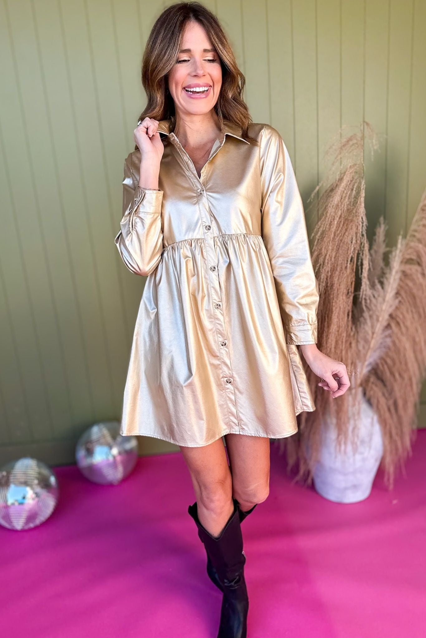 Gold Faux Leather Button Front Baby Doll Dress, must have dress, gold dress, elevated dress, must have gold, mom style, church style, weekend dress, shop style your senses by mallory fitzsimmons