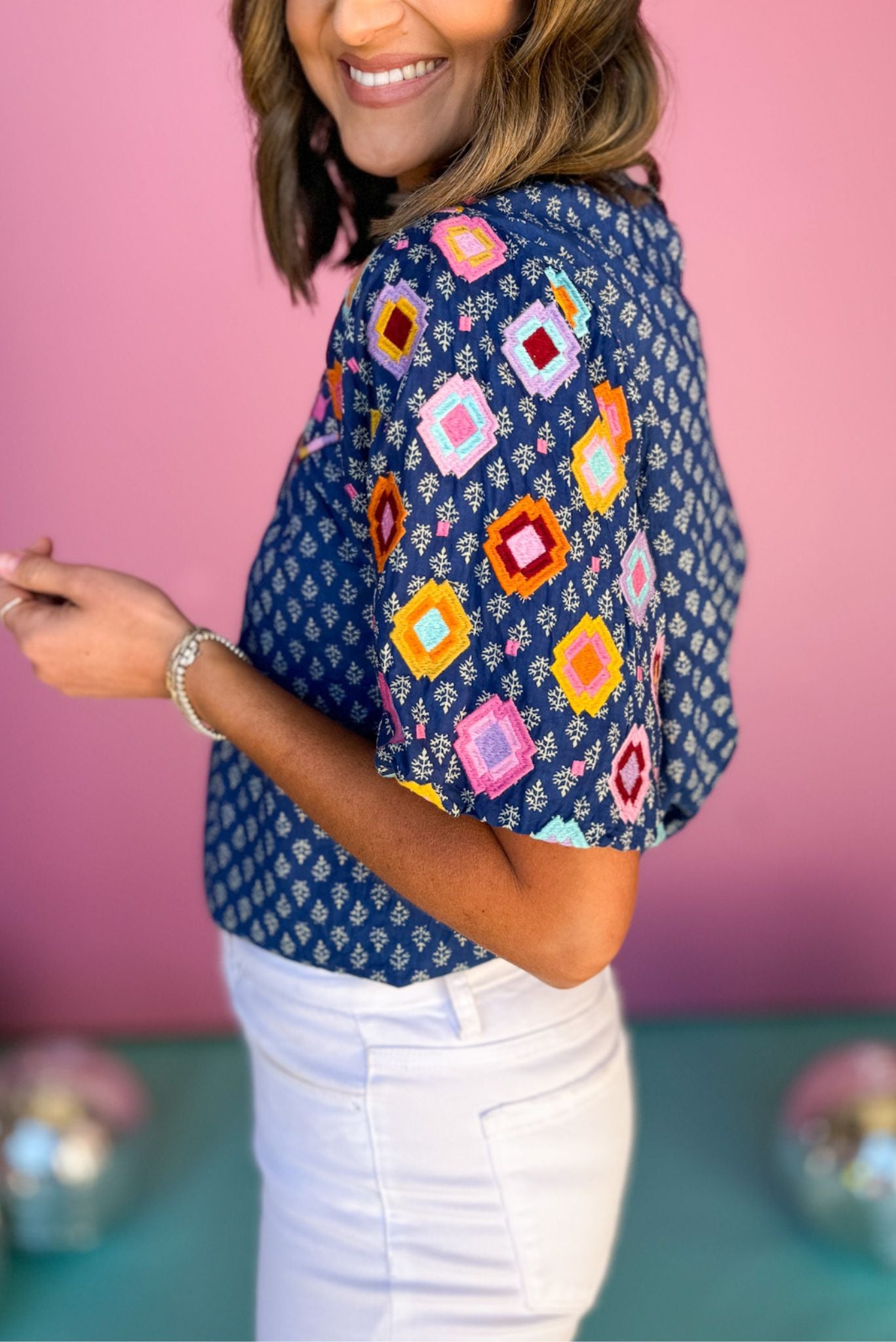 THML Blue Embroidered Multi Print Mock Neck Short Sleeve Top, puff sleeve top, must have top, must have style, brunch style, summer style, spring fashion, elevated style, elevated top, mom style, shop style your senses by mallory fitzsimmons, ssys by mallory fitzsimmons