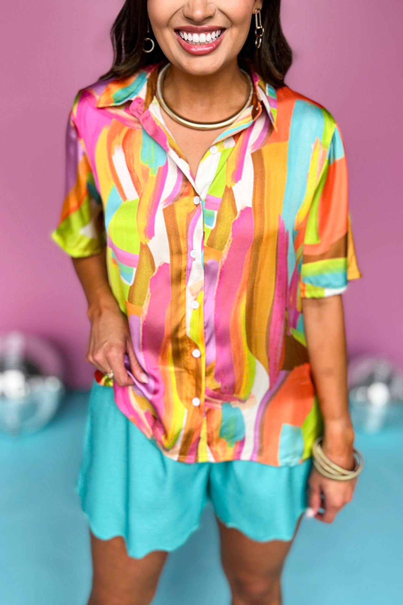 Magenta Multi Abstract Collared Button Down Top, printed top, multi color top, must have top, must have style, summer style, spring fashion, elevated style, elevated top, mom style, shop style your senses by mallory fitzsimmons, ssys by mallory fitzsimmons