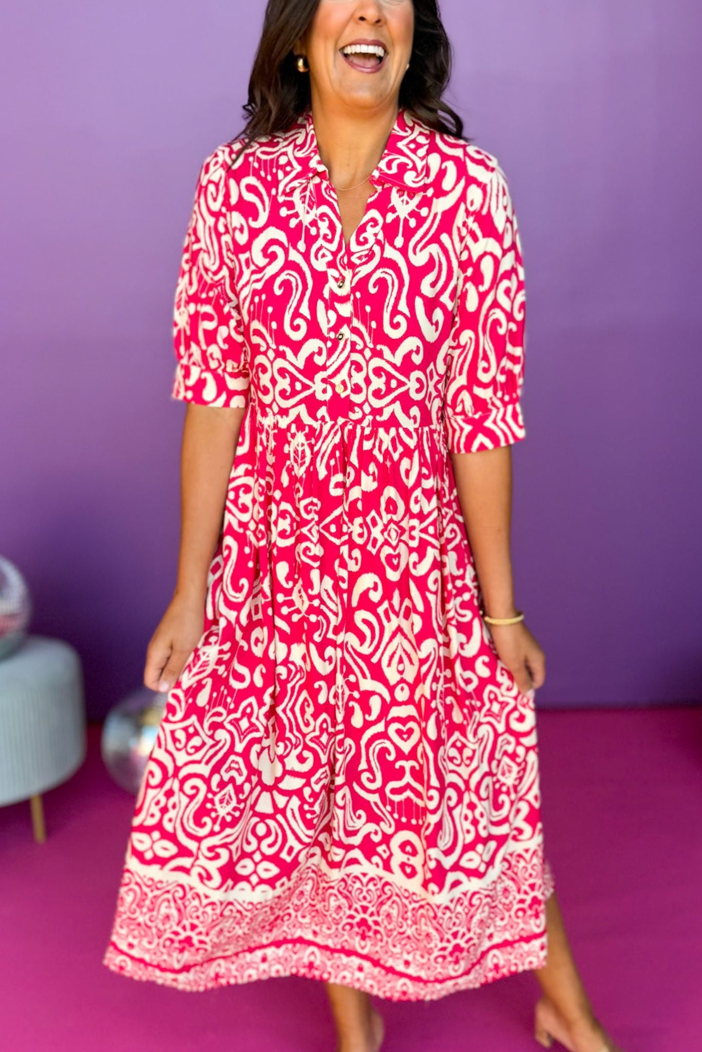Fuchsia Paisley Printed Split Neck Collared Elbow Sleeve Dress *FINAL SALE*