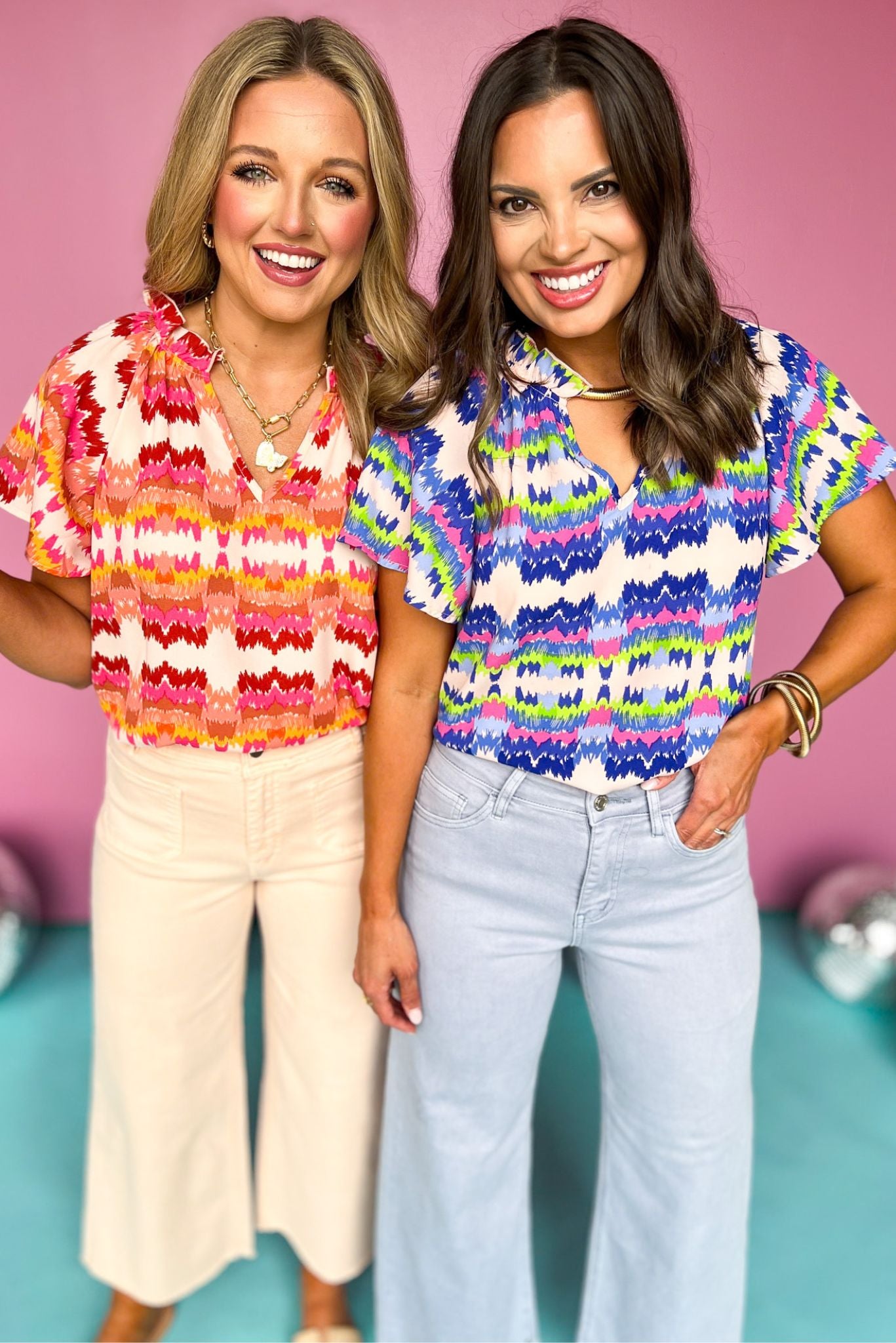 Blue Multi Print Frill Neck Short Sleeve Top, printed top, office top, must have top, must have style, summer style, spring fashion, elevated style, elevated top, mom style, shop style your senses by mallory fitzsimmons, ssys by mallory fitzsimmons  Edit alt text