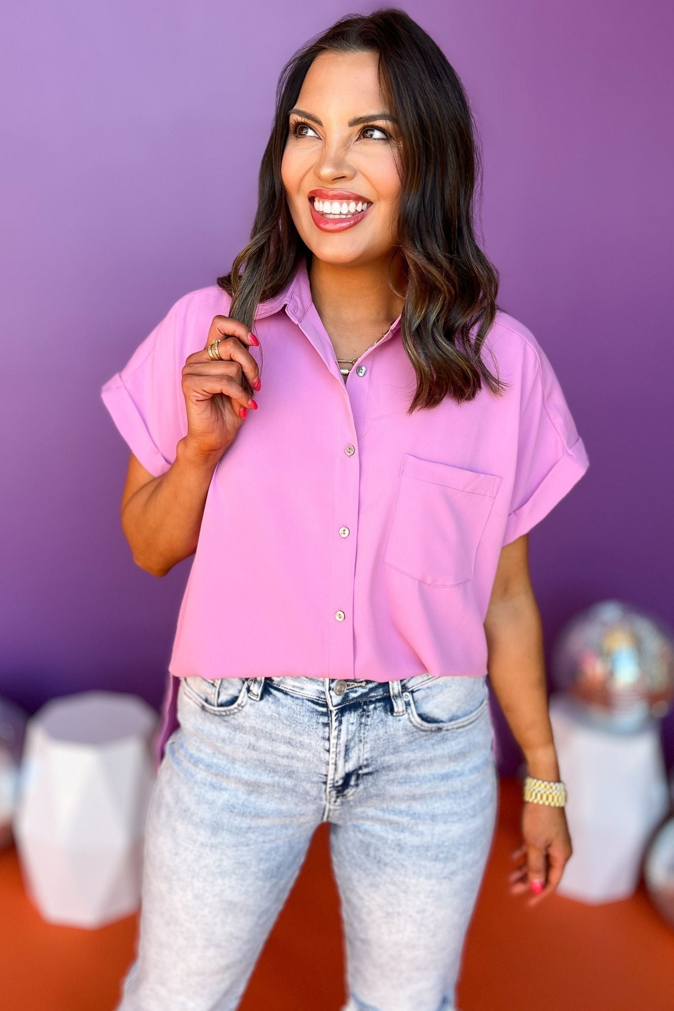 Orchid Button Front Short Sleeve Top, button up top, pocket detail top, must have top, must have style, summer style, spring fashion, elevated style, elevated top, mom style, shop style your senses by mallory fitzsimmons, ssys by mallory fitzsimmons